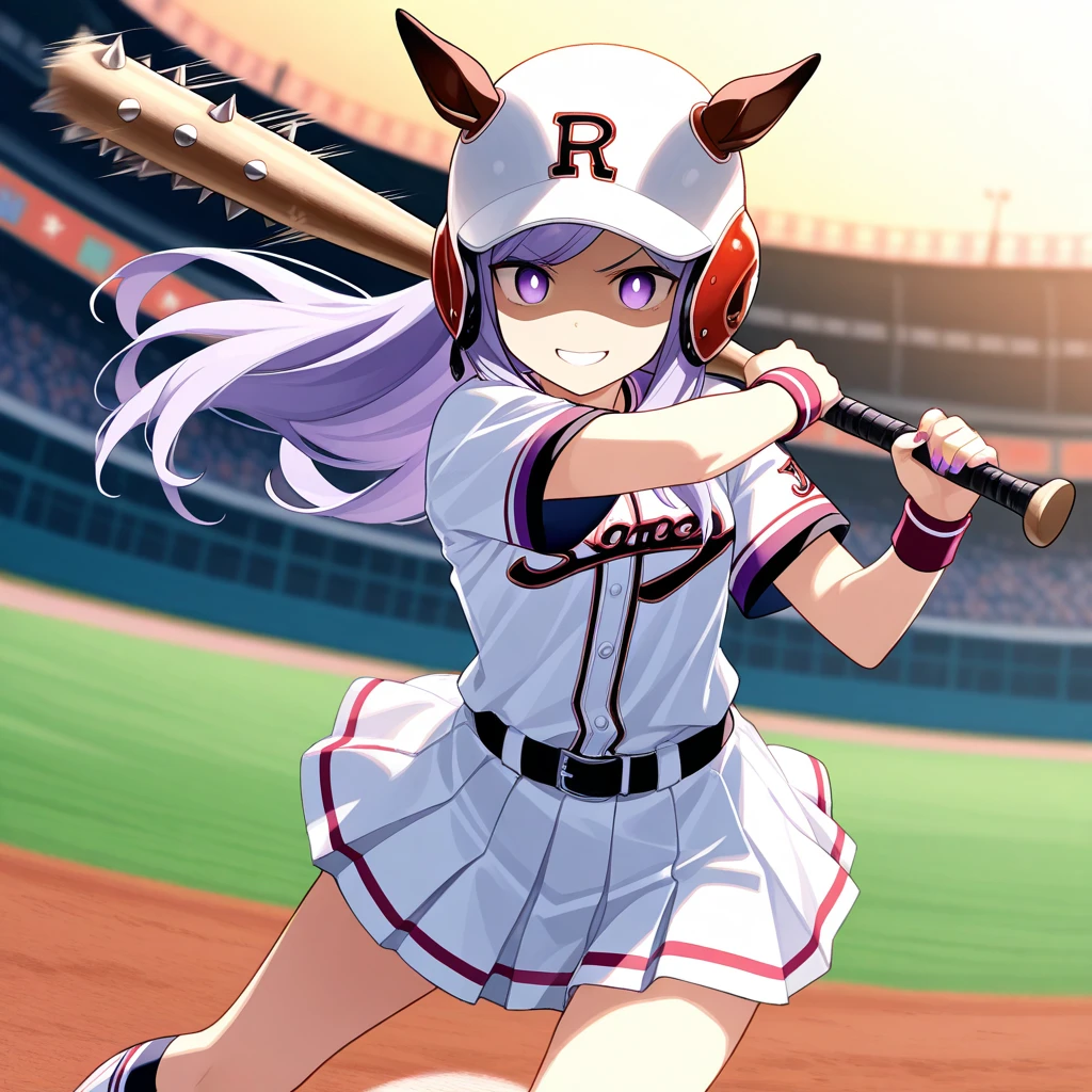 masterpiece , 1 girl , detailed game cg , fantasy , mejiro mcqueen \(umamusume\) , wearing Acolyte \(Ragnarok Online\) , baseball helmet , white Baseball uniform , short skirt , shaded face , bewitching smile , scary but cute , stare gently , ecstatic eyes , holding baseball-bat , Blood stained baseball-bat , 
nail-spiked baseball-bat , hand on mace , looking at viewer , intimidation , Baseball stadium , dynamic pose , Baseball batting , Swinging baseball-bat , battle scene , action lines , motion blur effect , dynamic motion ,