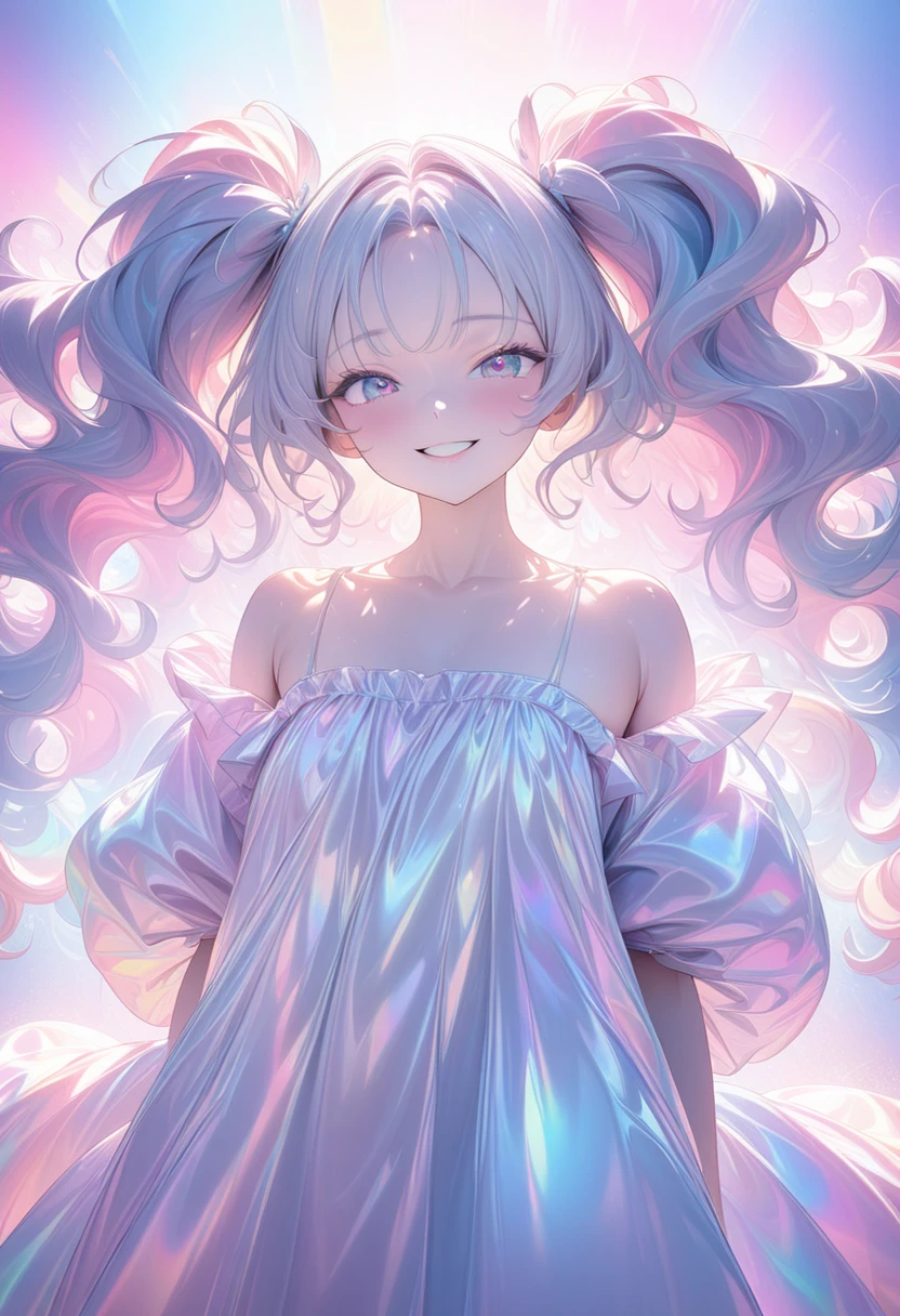 beautiful woman, shiny silky fluffy loose messy wavy twin tails, amorous and lewd expression, cute smile, superlative great body proportion, wearing iridescent ivory loose baggy satin dress on bare skin, fluffy pastel colorful colored room background, effective effects, bold and dynamic, contrasts of light and shadow, 2.5D, ultra detailed, absolutely resolution, masterpiece