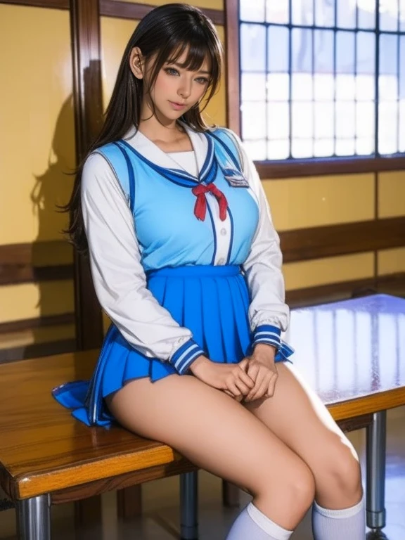  a blue Asian woman in a white uniform posing on a bench,   Japanese high school girl uniform ,   japanese school uniform,   japanese school uniformを着ている,  the principal is wearing a uniform  , 超  REAL SCHOOLGIRLS  , a hyper  REAL SCHOOLGIRLS  ,   in a strict school uniform   , Puella Magi uniform ,   girl in uniform  ,   REAL SCHOOLGIRLS  , Seifuku,    realistic young gravure idol   
