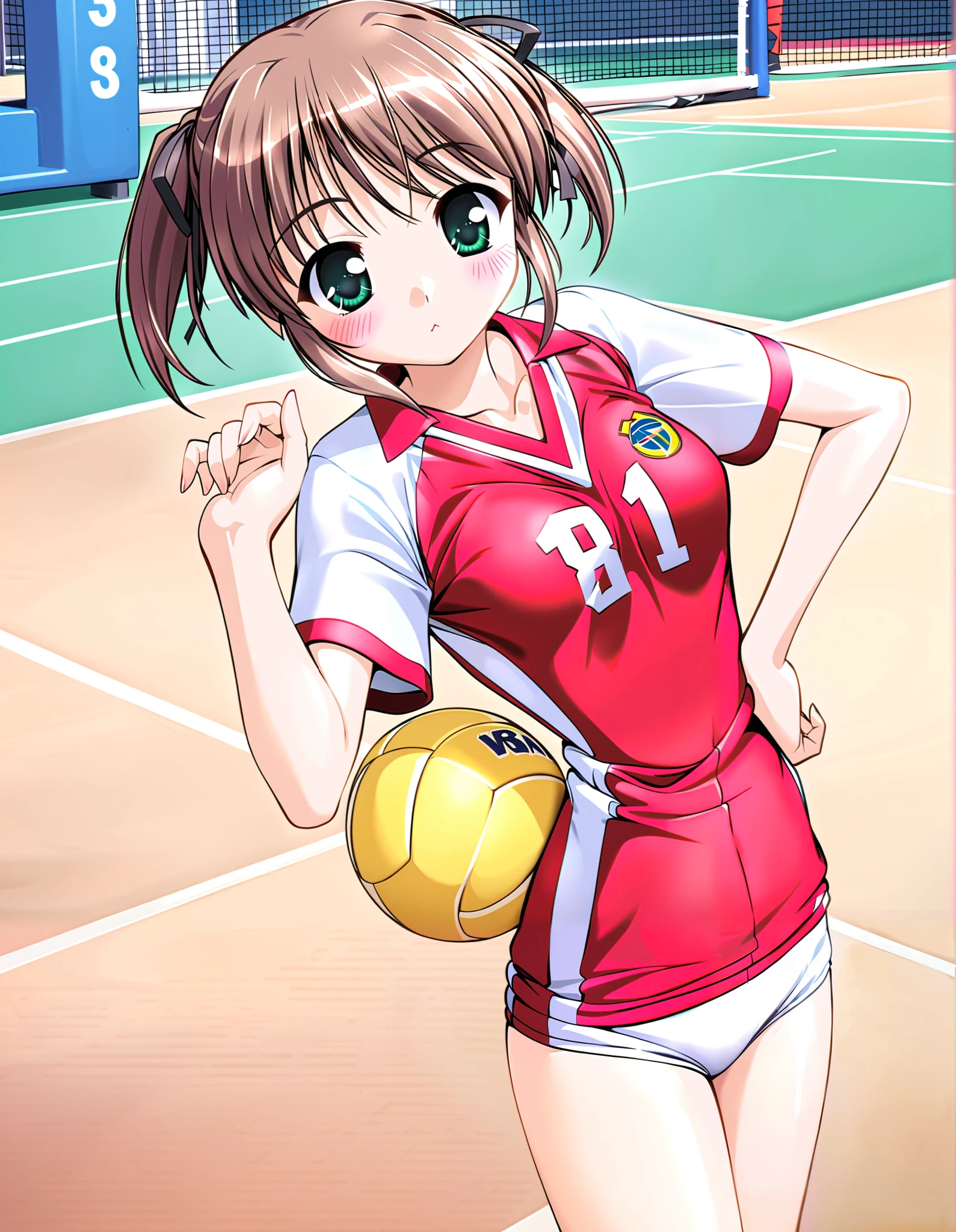 Asagiri Mai, (cowboy shot),  brown hair ,  short hair, Hair ribbon, twintails,  green eyes, ( small breasts), (volleyball uniform:1.2), (Red cheeks:1.2),  cleavage, ( volleyball court:1.3),  score_9,  score_8_superior,  score_7_superior,  source_anime, (best quality:1.2), 細部までこだわったanime,  high quality , full color, 8k,  high definition 