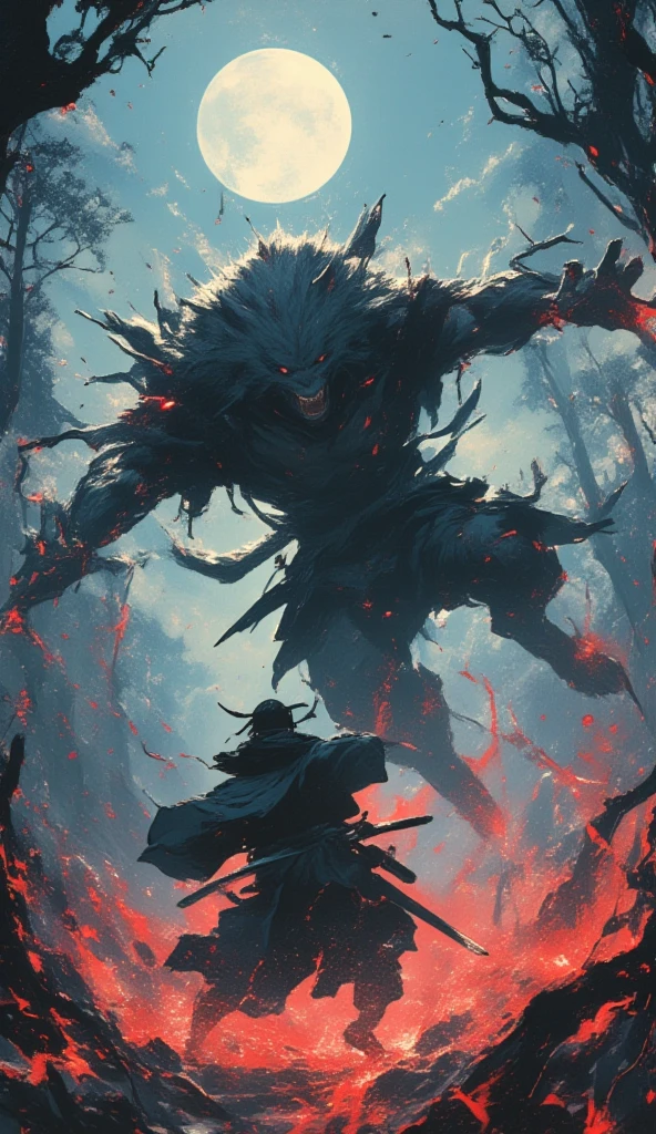 A samurai with a katana fights a giant werewolf in the forest. The samurai's back is facing the viewer, while the giant werewolf can be seen jumping high in the air above the samurai, with its claws swiping down. The glaring red claw slash trails are visible. Some trees are chopped down from their fight. Up in the sky, the full moon shines brightly from afar. 