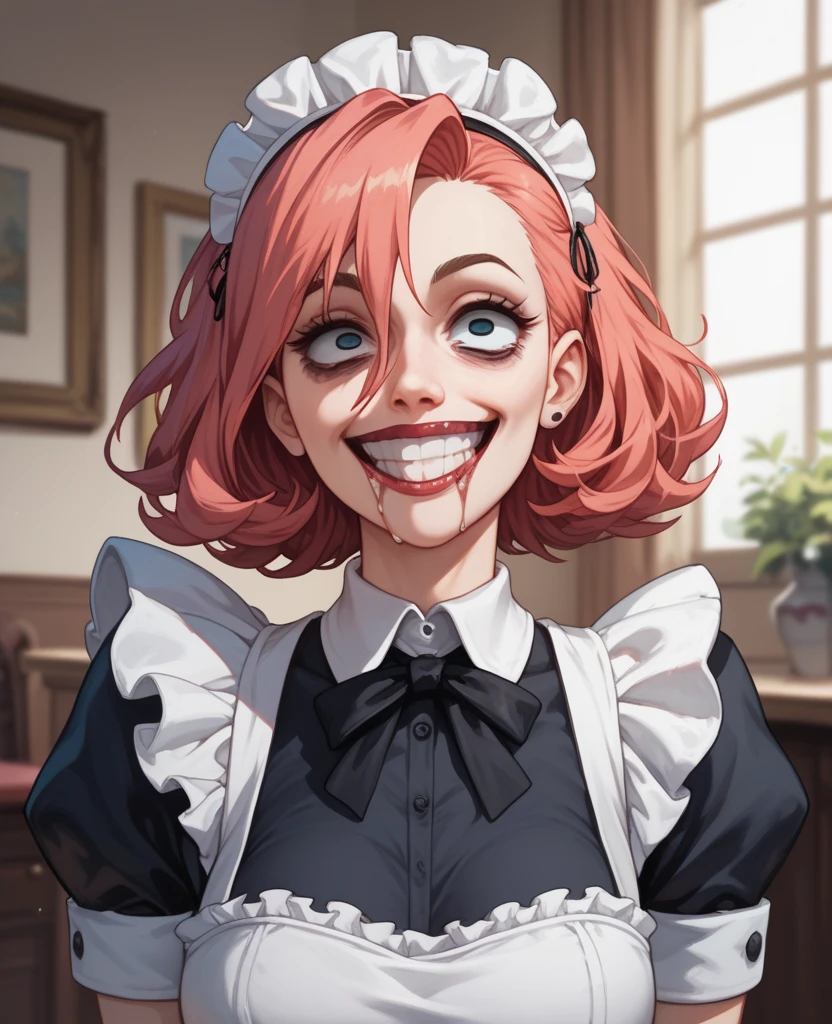 masterpiece, best quality, crazy woman, empty eyes, utsurome, maid, mad smile