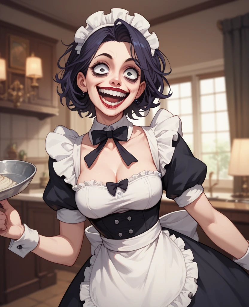 masterpiece, best quality, crazy woman, empty eyes, utsurome, maid, mad smile