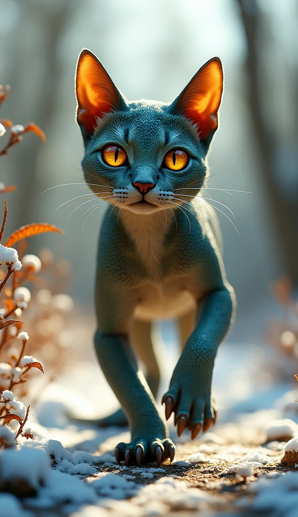 Fusion is a unique creature : the body of a cat , but with the scaly skin of a lizard that shines in the soft light of the sun . Its eyes are large and with an intense glow , and its paws have sharp claws like those of a cat , but with the resistance of a reptile . It moves silently through the winter garden , blending agility and an intimidating presence , with filtered light making its scaly skin stand out in the calm environment.