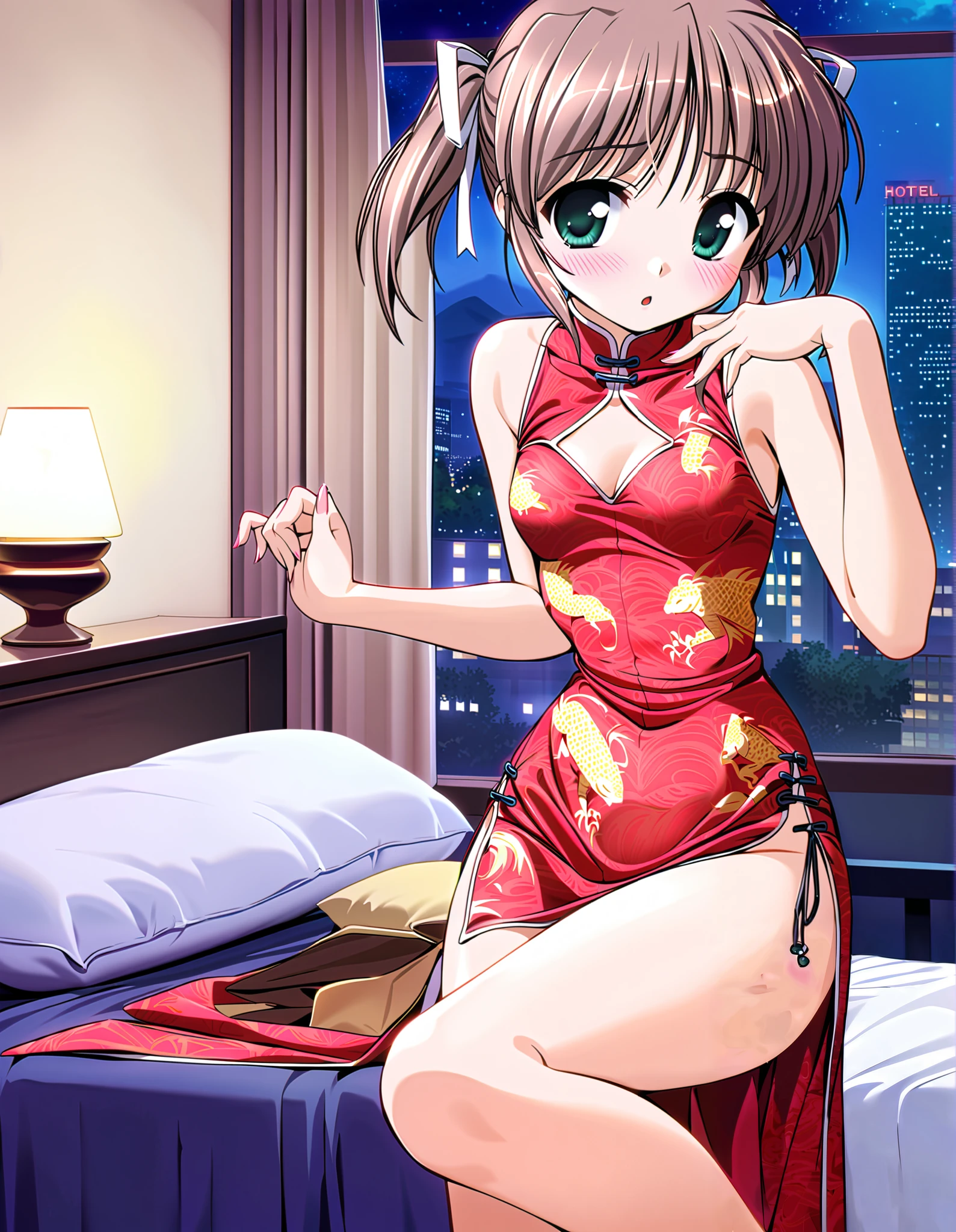 Asagiri Mai, (cowboy shot),  brown hair ,  short hair, Hair ribbon, twintails,  green eyes, ( small breasts), ( China Dress:1.2), (Long slit:1.3), (Red cheeks:1.2), ( Sexy Poses :1.2),  cleavage, ( shy :1.2), ( bedroom), ( hotel :1.3), (night:1.3),  score_9,  score_8_superior,  score_7_superior,  source_anime, (best quality:1.2), 細部までこだわったanime,  high quality , full color, 8k,  high definition 