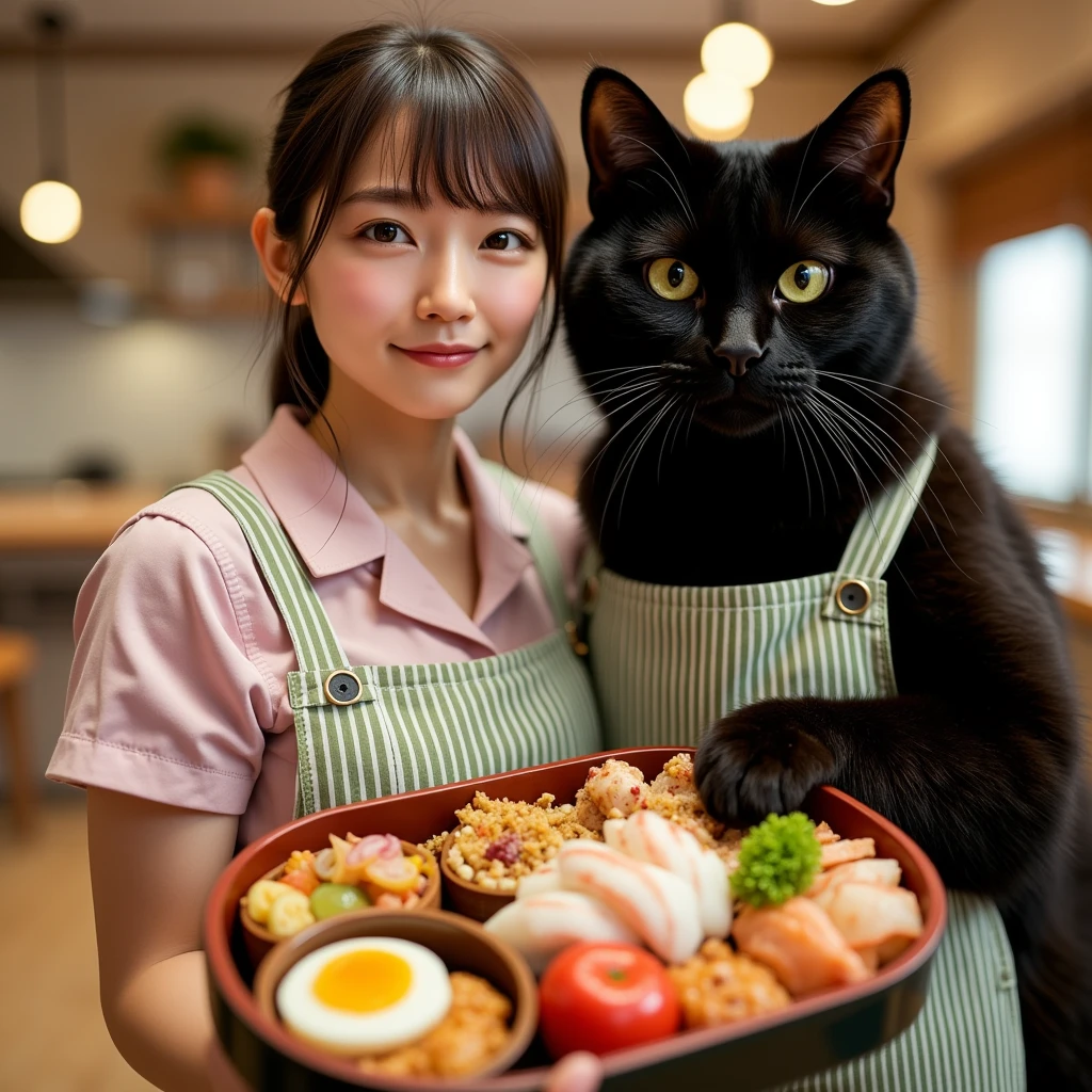 ultra-realistic, photorealistic, dramatic scene, global-illumination, (teenage Japanese girl), very beautiful fragile Japanese girl, very beautiful with very cute but boyish cool face, (very large breasts), slim waist, (wearing a cooking instructor's uniform with pastel colored apron), (She and her human-like giant black cat are on the TV cooking show in the home kitchen), (the human-like giant black cat looks gentleman only wearing a vertical striped green apron), she shows gentle smile, (she is holding a large oval-shaped lunchbox of gorgeous Japanese food with very cute decorations), they are looking at viewers