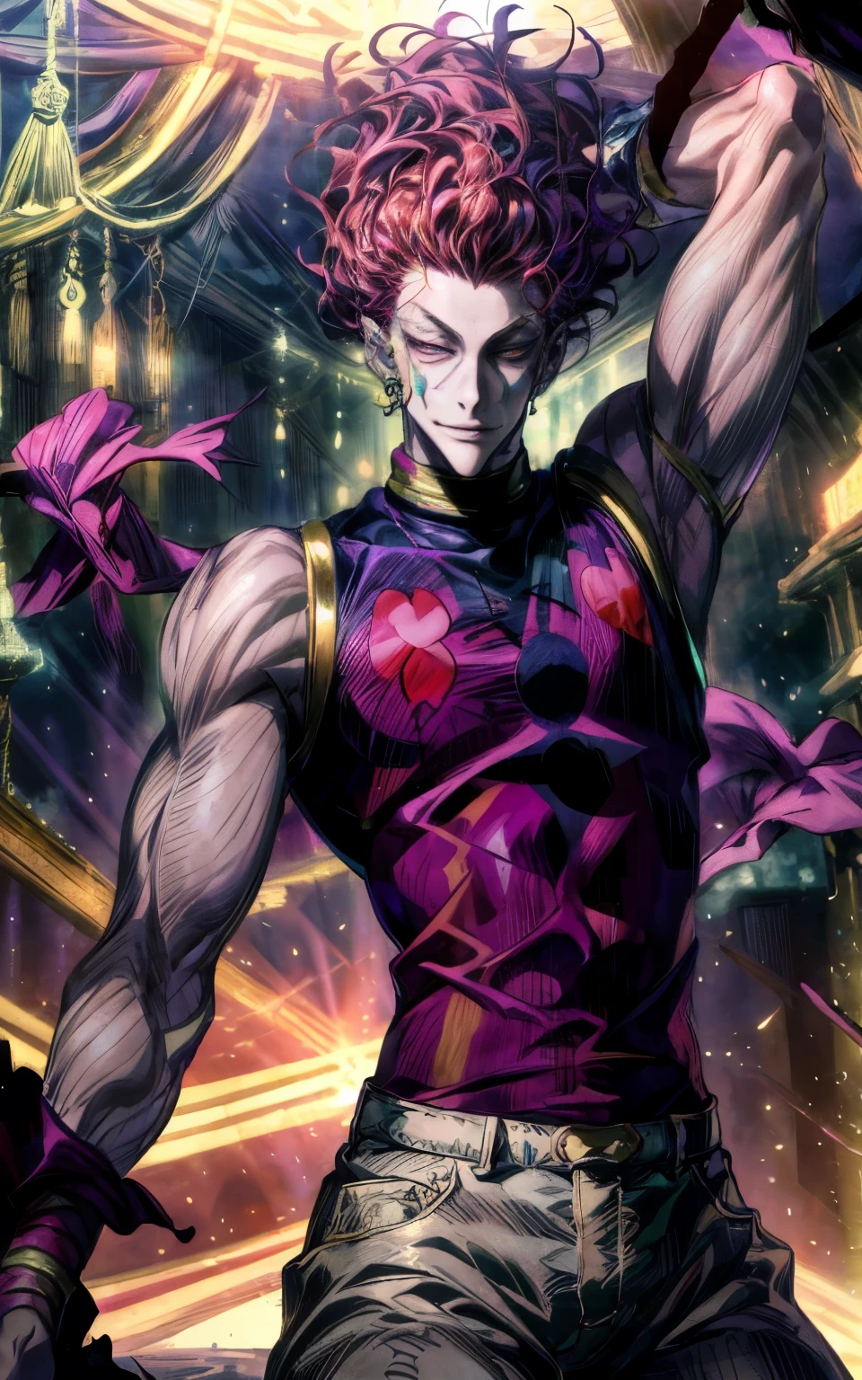 A breathtaking, ultra-detailed anime-style illustration of Hisoka Morow from Hunter x Hunter in an extravagant circus setting. Hisoka, with his signature sleeveless outfit, stands confidently under the vivid glow of neon circus lights. His mischievous smirk and sharp, piercing eyes exude an enigmatic aura. He balances effortlessly on a unicycle while juggling cards, each glowing faintly with an ethereal aura. The scene features an intricate, colorful circus tent in the background, with performers and acrobats faintly visible. Vibrant reds, purples, and gold dominate the color palette, creating a surreal and dreamlike atmosphere. The composition highlights his dynamic pose, with his hair catching the neon lights and his aura blending seamlessly into the whimsical, chaotic setting. (Masterpiece, best quality, ultra-high resolution, intricate details, cinematic lighting).