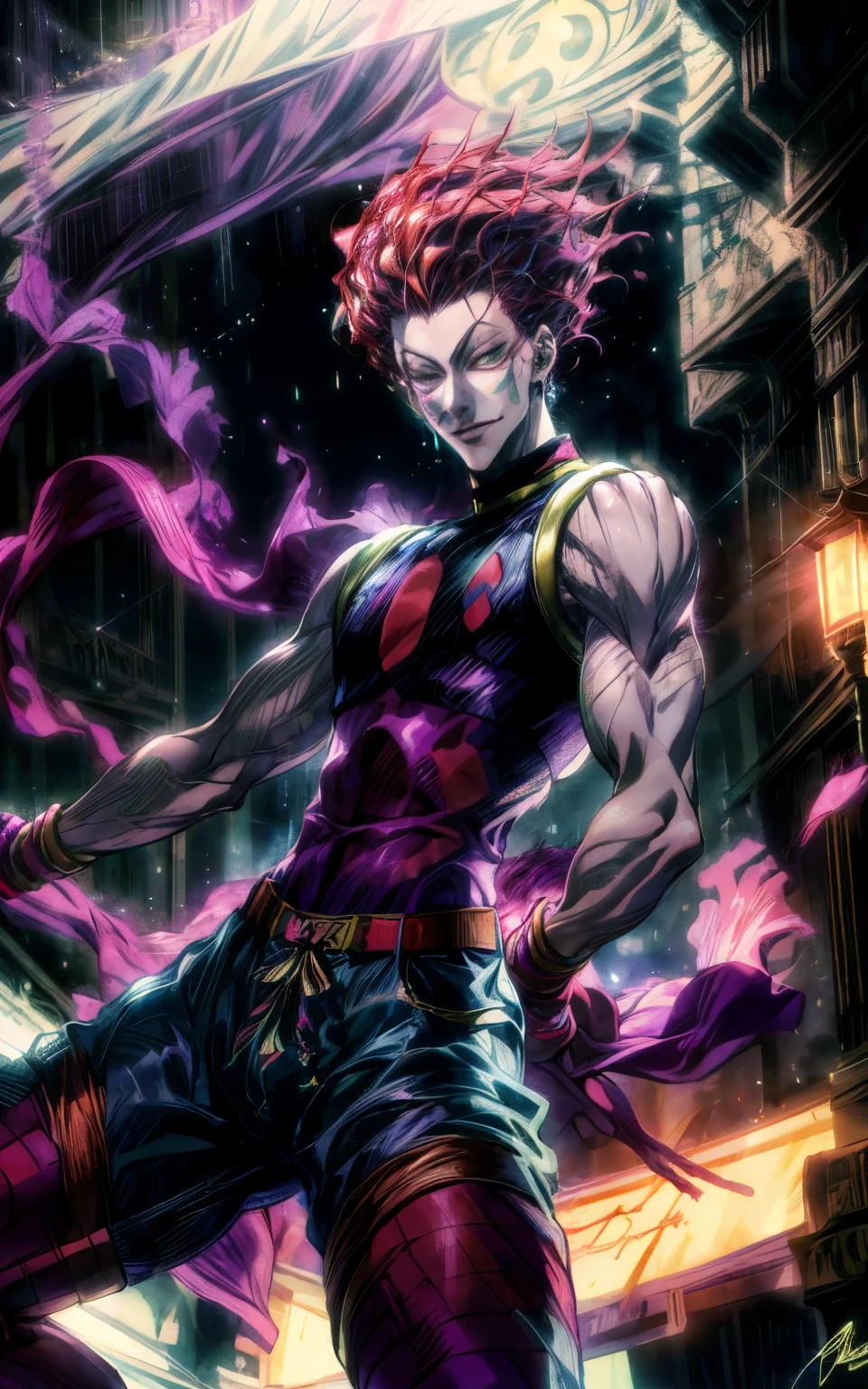 A breathtaking, ultra-detailed anime-style illustration of Hisoka Morow from Hunter x Hunter in an extravagant circus setting. Hisoka, with his signature sleeveless outfit, stands confidently under the vivid glow of neon circus lights. His mischievous smirk and sharp, piercing eyes exude an enigmatic aura. He balances effortlessly on a unicycle while juggling cards, each glowing faintly with an ethereal aura. The scene features an intricate, colorful circus tent in the background, with performers and acrobats faintly visible. Vibrant reds, purples, and gold dominate the color palette, creating a surreal and dreamlike atmosphere. The composition highlights his dynamic pose, with his hair catching the neon lights and his aura blending seamlessly into the whimsical, chaotic setting. (Masterpiece, best quality, ultra-high resolution, intricate details, cinematic lighting).