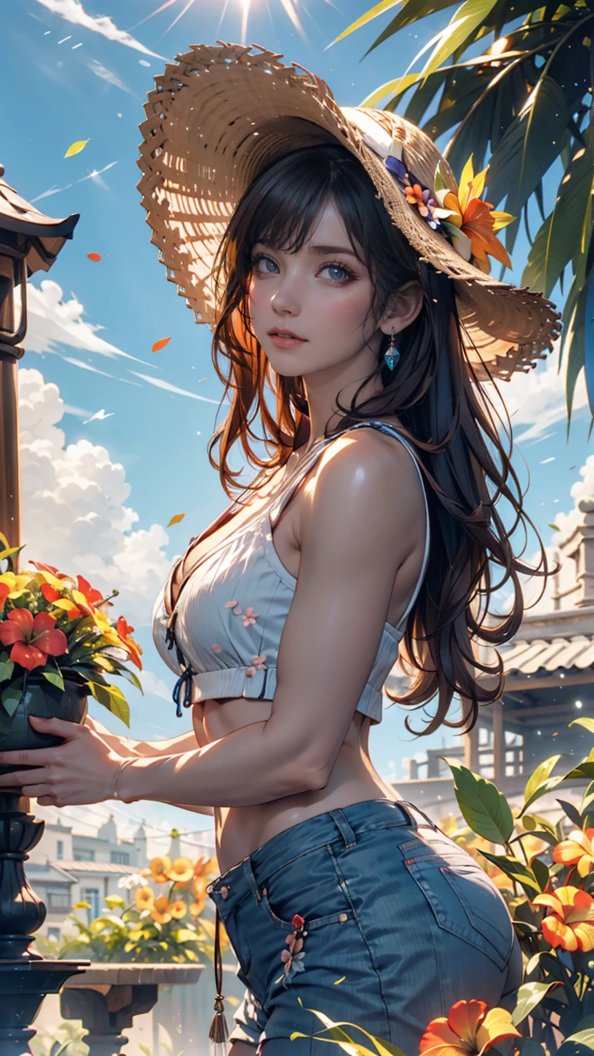 (masterpiece:1.5, best quality:1.5), (hyper realistic:1.5), (photo realistic:1.5), (real picture, intricate details), looking at viewer, (8k wallpaper:1.5) (from knee to head):1.15 ), (Facial Detail: 1.5), (Eye Detail: 1.5), (Sharp Photo), High Detail, Super Detail, Super High Resolution, (Strong Depth of Field: 1.5) Style- Cute and Playful Positioning- Open Scene Background-Blue Sky and White Clouds Main body - sexy girl topless, bright eyes, rosy cheeks Costume - pink sweater, denim overall, nipples hard - wild flowers and tall grass in the background, with butterflies and birds flying around Effect - warm sun shining on the girl, casting a soft glow. The warm sun shine on her, and wild flowers swayed gently in the breeze, godrays, shabby deep south, cinematic twilight, sunlit