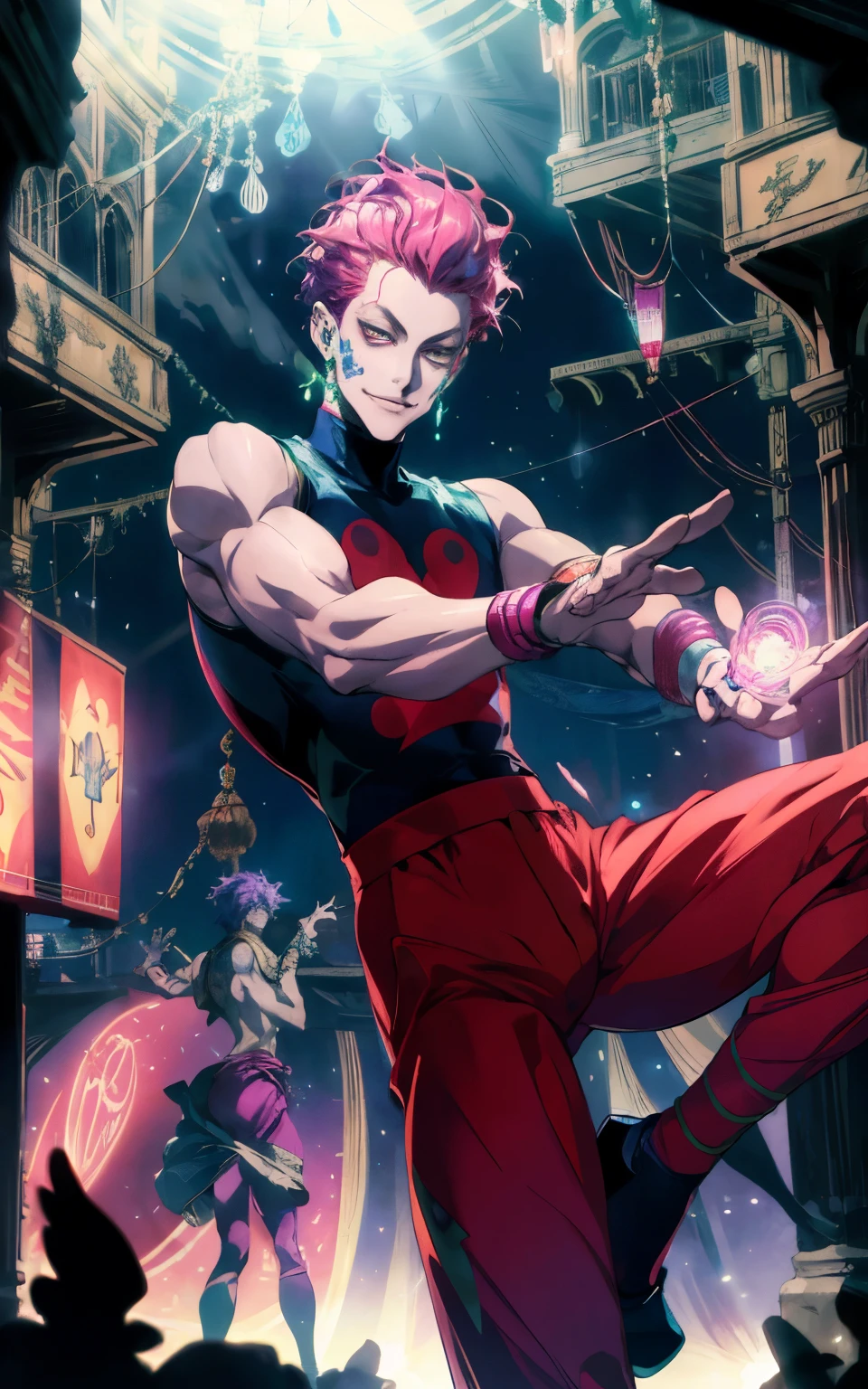 A breathtaking, ultra-detailed anime-style illustration of Hisoka Morow from Hunter x Hunter in an extravagant circus setting. Hisoka, with his signature sleeveless outfit, stands confidently under the vivid glow of neon circus lights. His mischievous smirk and sharp, piercing eyes exude an enigmatic aura. He balances effortlessly on a unicycle while juggling cards, each glowing faintly with an ethereal aura. The scene features an intricate, colorful circus tent in the background, with performers and acrobats faintly visible. Vibrant reds, purples, and gold dominate the color palette, creating a surreal and dreamlike atmosphere. The composition highlights his dynamic pose, with his hair catching the neon lights and his aura blending seamlessly into the whimsical, chaotic setting. (Masterpiece, best quality, ultra-high resolution, intricate details, cinematic lighting).