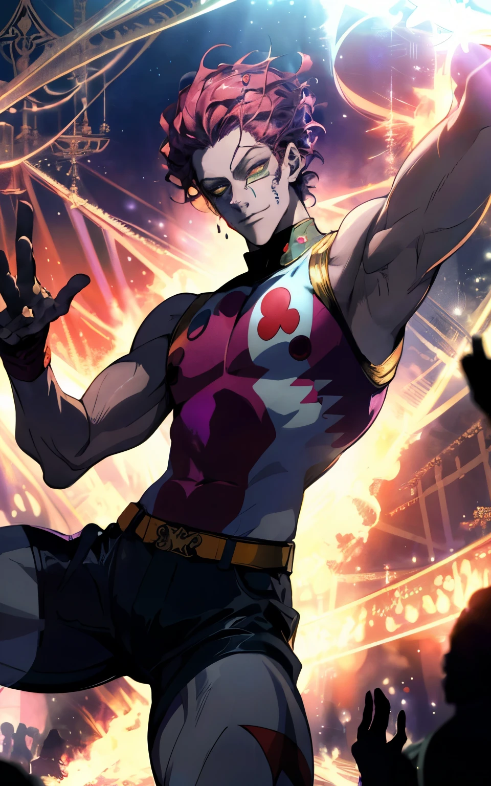 A breathtaking, ultra-detailed anime-style illustration of Hisoka Morow from Hunter x Hunter in an extravagant circus setting. Hisoka, with his signature sleeveless outfit, stands confidently under the vivid glow of neon circus lights. His mischievous smirk and sharp, piercing eyes exude an enigmatic aura. He balances effortlessly on a unicycle while juggling cards, each glowing faintly with an ethereal aura. The scene features an intricate, colorful circus tent in the background, with performers and acrobats faintly visible. Vibrant reds, purples, and gold dominate the color palette, creating a surreal and dreamlike atmosphere. The composition highlights his dynamic pose, with his hair catching the neon lights and his aura blending seamlessly into the whimsical, chaotic setting. (Masterpiece, best quality, ultra-high resolution, intricate details, cinematic lighting).