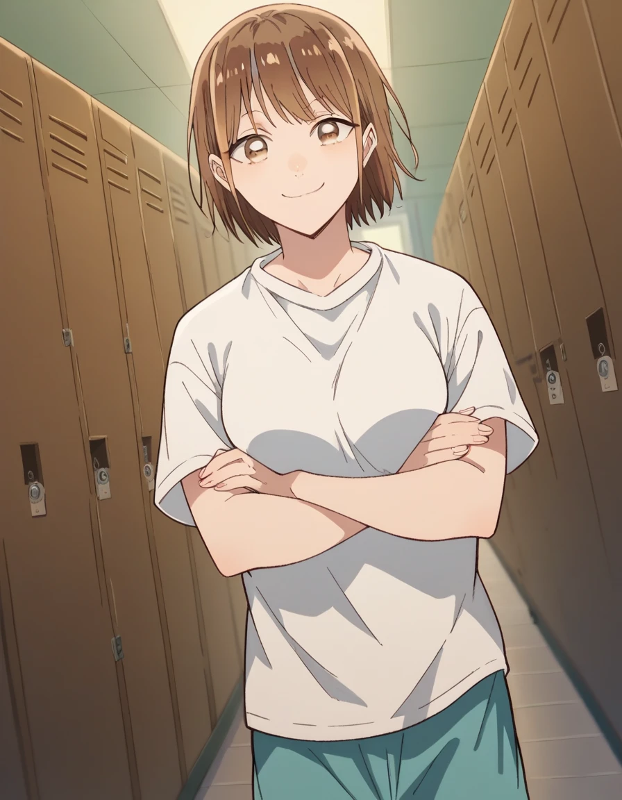 score_9, score_8_up, score_7_up, source_anime, chinatsu kano, short hair, brown hair, brown eyes, medium breasts,, shirt, white shirt, short sleeves, shorts,, school hallway, lockers, between classes, everyday life, smile, , crossed arms, smug, solo,, cowboy shot, dutch angle,