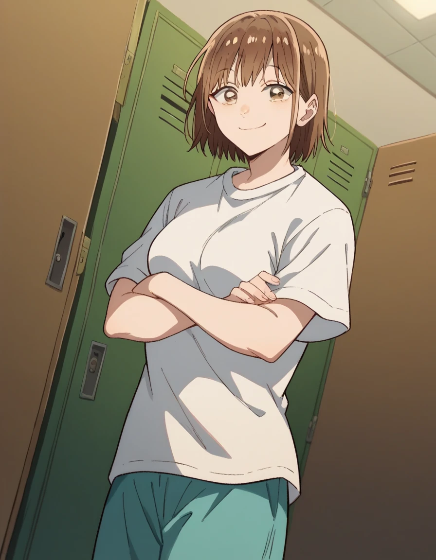 score_9, score_8_up, score_7_up, source_anime, chinatsu kano, short hair, brown hair, brown eyes, medium breasts,, shirt, white shirt, short sleeves, shorts,, school hallway, lockers, between classes, everyday life, smile, , crossed arms, smug, solo,, cowboy shot, dutch angle,