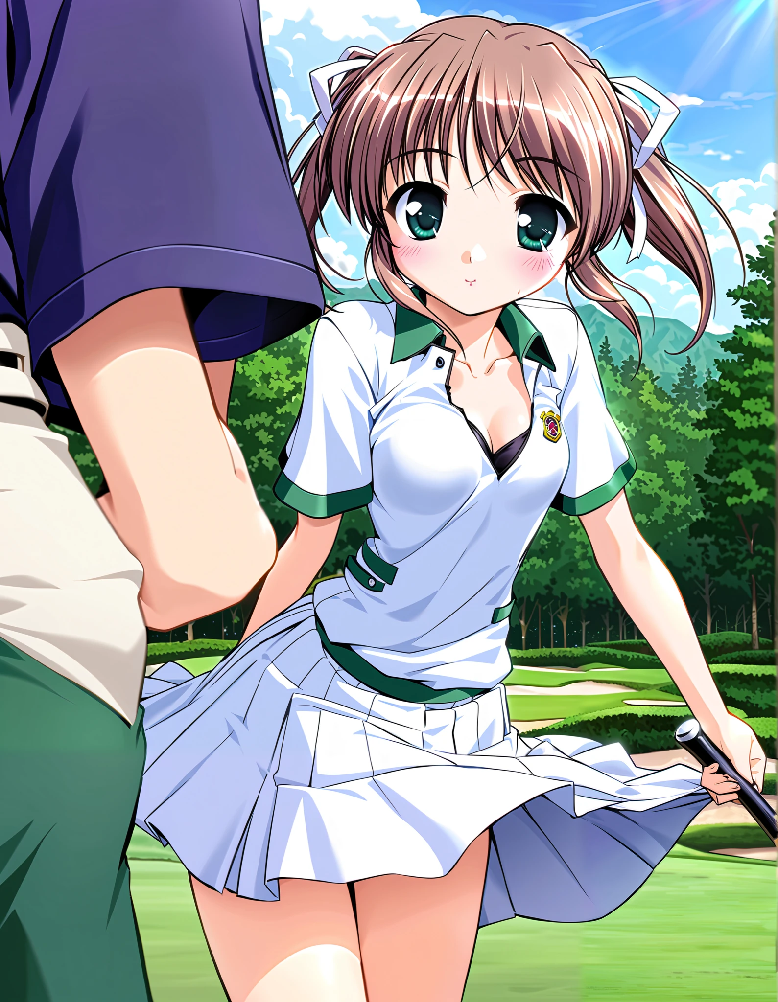 Asagiri Mai, (cowboy shot),  brown hair ,  short hair, Hair ribbon, twintails,  green eyes, ( small breasts), (golf uniform:1.2), (Red cheeks:1.2),  cleavage, (wind lift:1.2), (グリーンsuperior:1.3), (Golf Course),  score_9,  score_8_superior,  score_7_superior,  source_anime, (best quality:1.2), 細部までこだわったanime,  high quality , full color, 8k,  high definition 