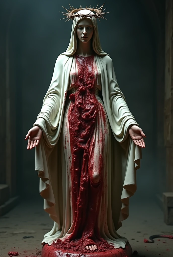 plaster statue of mary filled with blood 