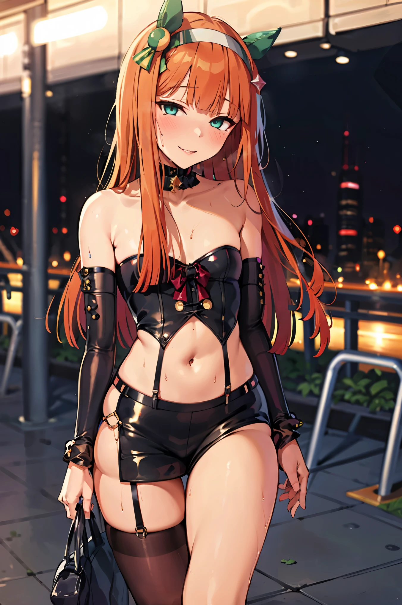 hight resolution, absurdres, best_Quality, Ultra_Detailled, 8K, extremely_clear, photo, beautiful, Beautiful face, Scharp Focus, HDR, 1girl, Clean eyes, very wide-eyed,cyberpunk megacity background , hanabi, Beautiful face, very red areola, standing , very seductive pose, very young, teen, no bra, bare chest, No Top, NSFW, Blond long hair with red ends, pierced ears, marin kitagawa, small tits, twintails