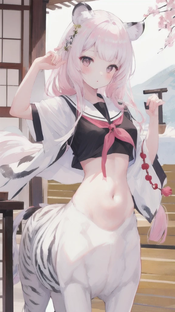 (best quality, masterpiece), 1 girl, centaur, It takes, White skin, Japanese  , exposing the abdomen,belly button t-shirt, 아름다운 소녀 perfect white tiger photo, perfect white tiger photo