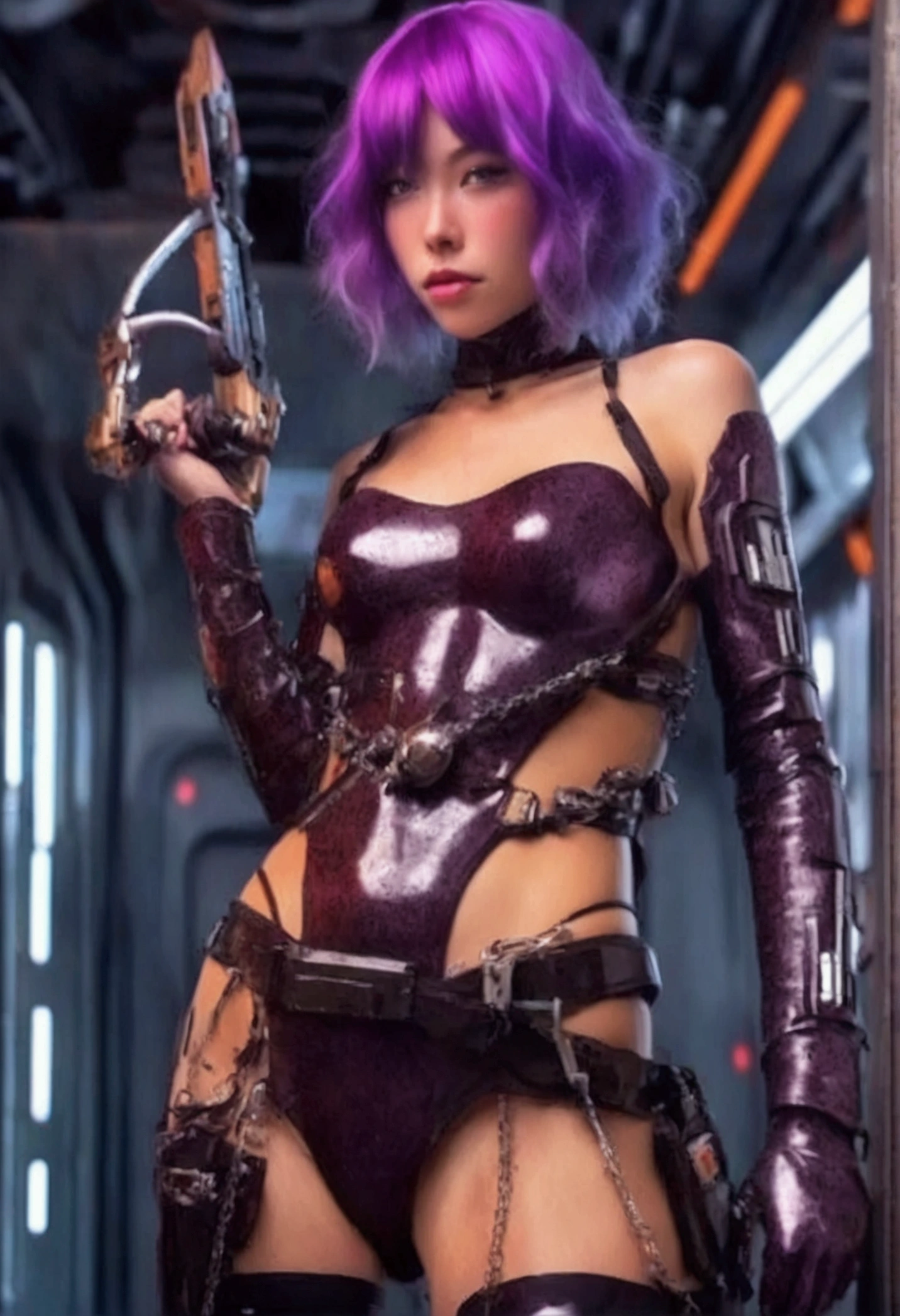 Cyberpunk woman posing for a photoshoot, bizarre fashion, sexy outfit, punk fashion, thong leotard, bodysuit, sensual pose, cyberpunk style, showing her booty.