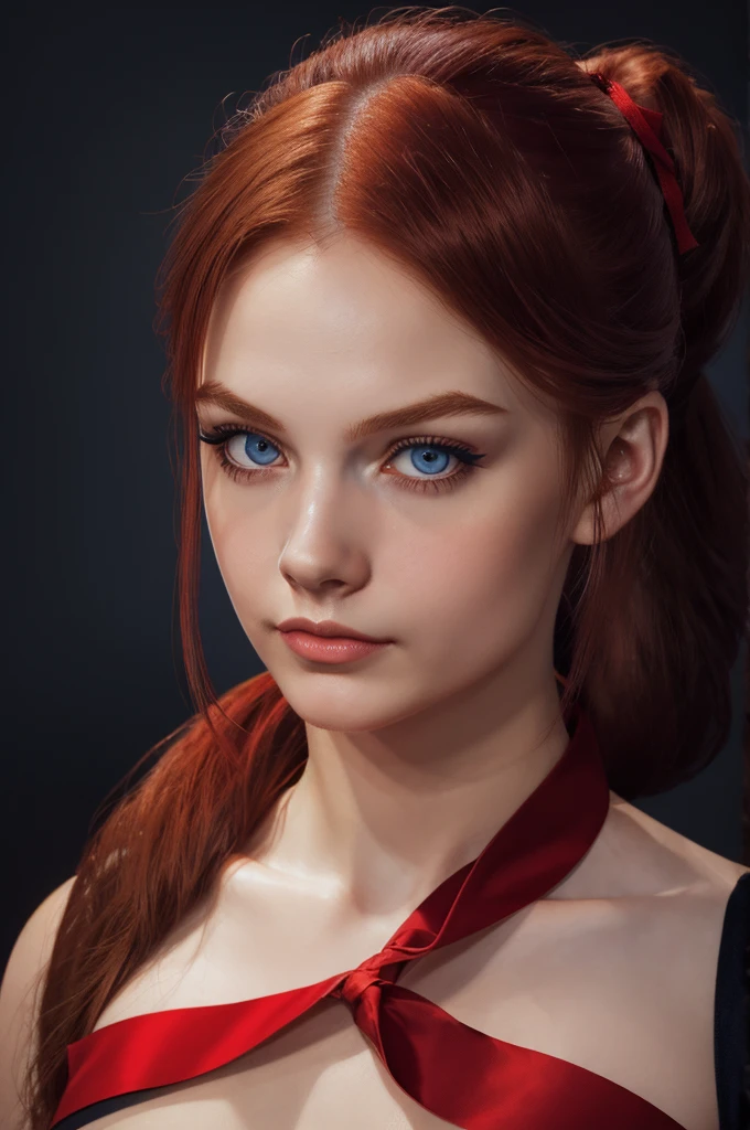 woman with medium ponytail hairstyle , Auburn-red-hair, ribbon on hair, wearing sailor , soft body,eyeliner,portrait,blue eyes,eyeliner, Caravaggio's paintings、Chiaroscuro of Caravaggio , simple background