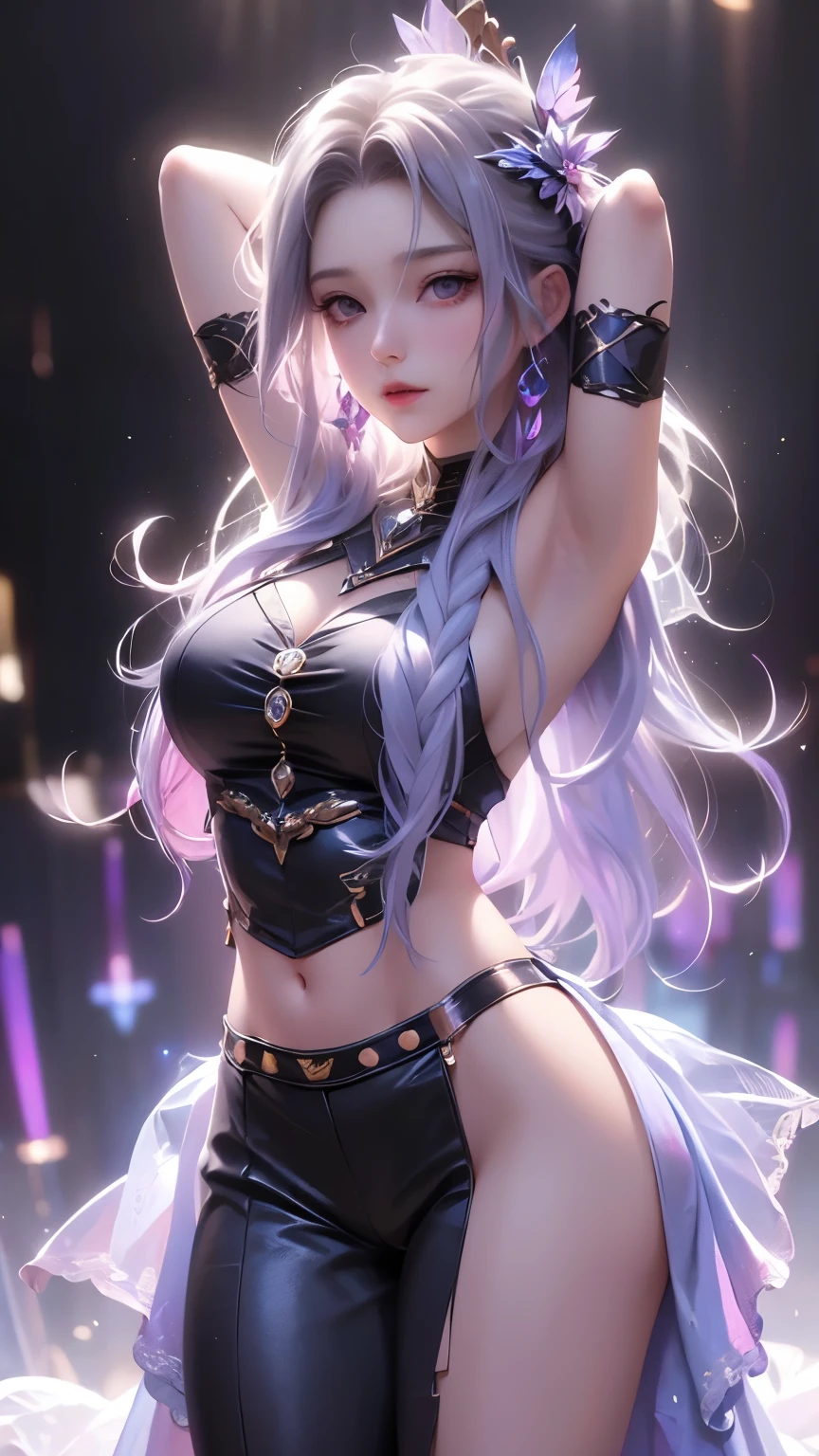 As you enter the underground city of the drow, you are greeted by a striking figure. A mature drow elf with grey skin stands tall and proud, her purple eyes scanning the crowd. She confidently shows off her toned body in a black bikini, her white hair cascading down her back and revealing a red stomach tattoo. Her ragged clothes and chain necklace give her a rebellious edge, and her large bosom only adds to her alluring and dangerous aura.