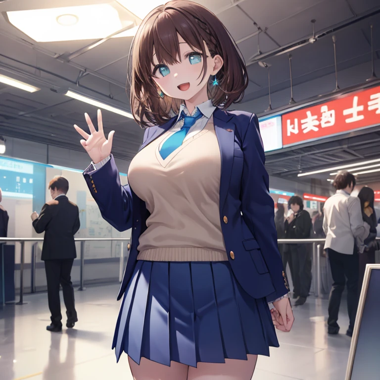 (( top quality)), ((masterpiece)), (  Details), ( super high resolution )、Ai-chan、
Brown Hair、Cyan eyes、 braids 、Blue blazer、 yellow sweater vest、 blue tie、 blue skirt with Yukikarou、 pleated skirt、
 perfect face、 perfect body、超 Detailsな肌、超 Detailsな瞳、(Perfect Arms)、
Open Mouth Smile、 waves to viewers、
whole body、 standing、( Cowboy Shots 1 · 3 )、
Inside the station、 professional lighting、８k、