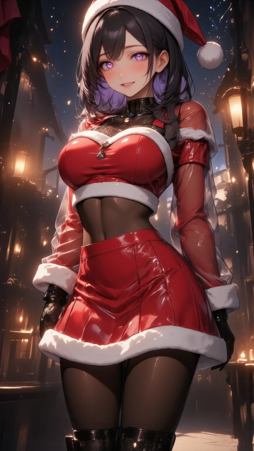  1 mature bewitching woman ,(masterpiece, top quality, very detailed depiction, Incredibly Absurd High Definition ,Curvaceous Body),(Bewitching Queen ),(red latex Santa Claus costume, pencil skirt, Body Stocking,Santa hat,black lace gloves, luxury accessories ,A mysteriously shining jewel, black tights, high heels, thigh high boots ),(Purple Eyes,Crazy Eyes, Half Closed Eyes :1.5, are opening their mouths, bewitching smile, Glossy Lipstick,Beautiful legs, healthy legs,Seductive gestures), standing:2.0, full body image :2.0,Lamplight