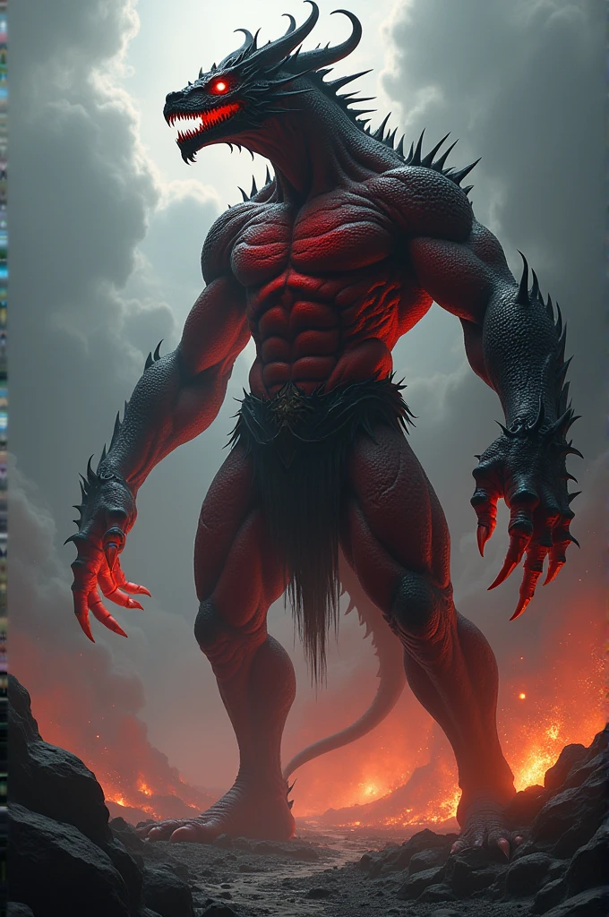 A creature, bodybuilder,long red hair, danger teeth, long vampire teeth, orange eyes ,stand on front of mountain , background sky , seen a sky ,shouting pose ,hand is a back side and their tail have poin bones