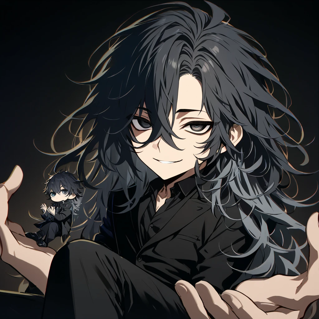 (solo), (1 male), (1 man), (chibi),handsome men, (one man with black hair with gray inner hair color, black eyes), long hair, messy hair,smile,((masterpiece)), (dark background: 1.3), (stylish), dynamic angle, (detailed face, detailed eyes, proportional hands, proportional anatomy), sitting in a relaxed pose, sinister atmosphere,young