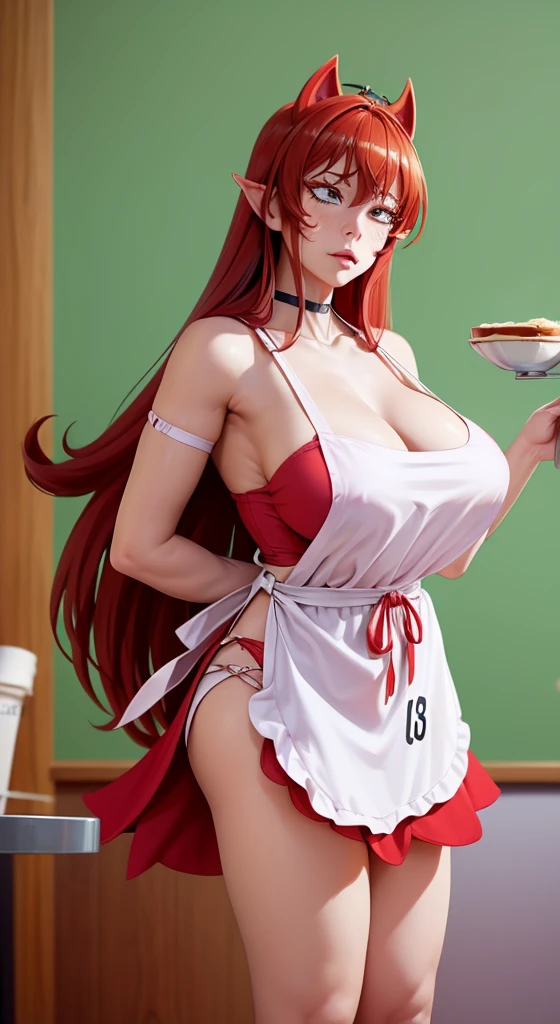 1个Giant Breast Girl, Alone, , butterfly hair ornaments, (barechested:1.3), (White apron), Large breasts, Chopping, upper legs, Cafe background, (Be red in the face:1.3)