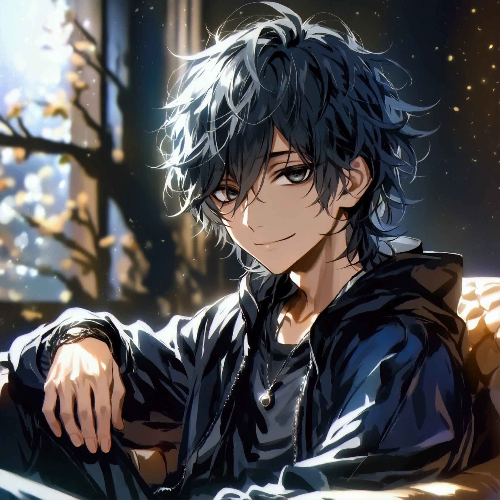 (solo), (1 male), (1 man), (chibi),handsome men, (one man with black hair with gray inner hair color, black eyes), long hair, messy hair,smile,((masterpiece)), (dark background: 1.3), (stylish), dynamic angle, (detailed face, detailed eyes, proportional hands, proportional anatomy), sitting in a relaxed pose, sinister atmosphere,young