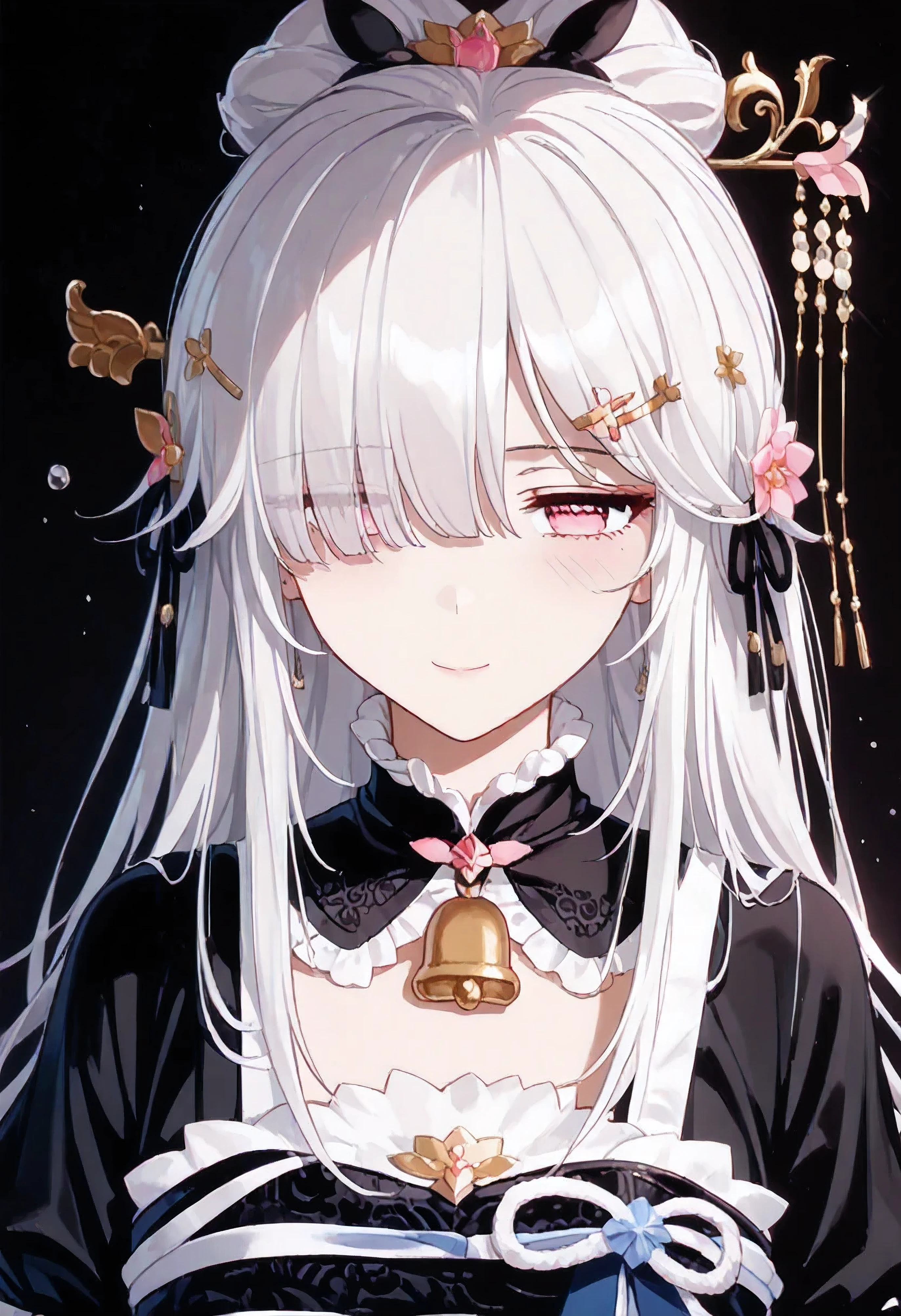UN\(EOE\),one girl,solo,best quality, masterpiece,score_9, score_8_up, score_7_up, score_6_up, score_5_up, score_4_up ,,break,1girl,(dark background), (shaded Lighting),,break, incredibly_absurdres, ,very high resolution, very aesthetic,by famous artist, 8k, 16k,,beauty illustration,photoshop_(small),,(pink eyes:1.2),(white hair|Detailed hair|long hair|hairpin|tied up|updo),(maid dress,frill collar,backless,apron,neck bell),(sleepy, depressed,smile,jitome),dilated pupils, empty eyes,one mole under eye,hair over one eye,intense angle, f/16, Canon,upper body