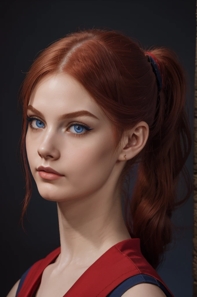 woman with medium ponytail hairstyle , Auburn-red-hair, wearing sailor ,sailor-outfit soft body,eyeliner,portrait,blue eyes,eyeliner, Caravaggio's paintings、Chiaroscuro of Caravaggio , simple background