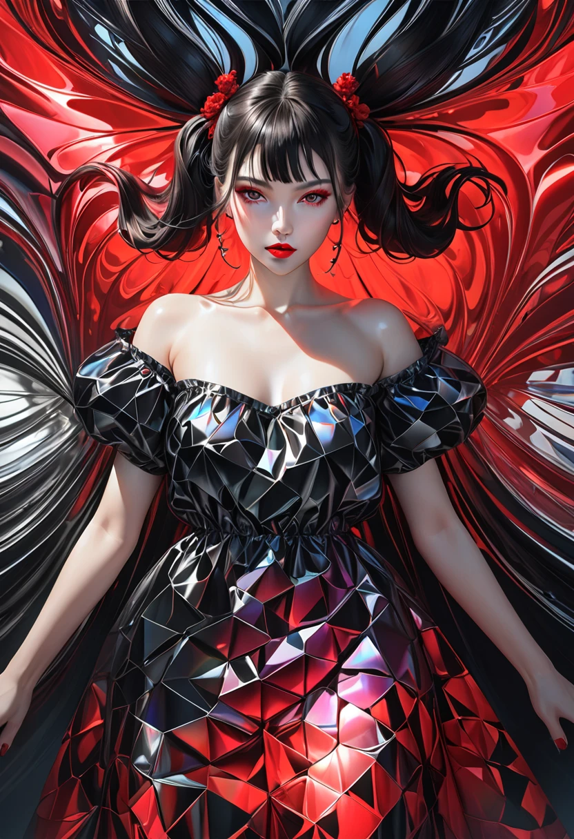 The image is a digital artwork of a woman in a black dress and black tie, with a red background and a watch on her wrist.