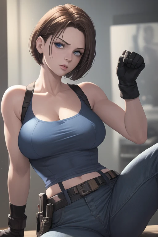 score_9, score_8_up, score_7_up, ((best quality)), ((high resolution)), Jill Valentine, short hair, short hair, blue top, huge breasts, black jean pants, boots, (worried), (pants torn), (prison dungeon), (her arms tied behind her back), (lying on back, on the floor), (legs up), (one zombie grabbing her thighs), (perfect eyes),(curvy body), (side view), rating_safe, (detailed eyes)