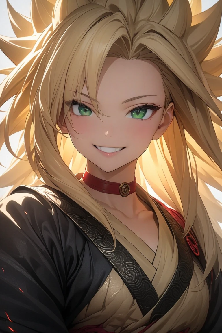 (anime) portrait, best quality, hi resolution, cartoon, detailed, balalaika, 1girl, solo, medium hair, dark skin, yellow eyes, dark red hair, twin_low_braids, scar, parody, burn scar , smile, looking at viewer,