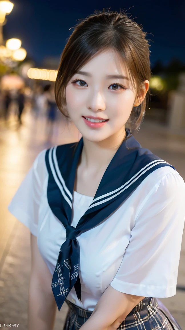 (A stunning Japanese-Korean lady in Disneyland at night, natural pose, wearing a traditional Serafuku, Seifuku, tight white shirt, white blouse button-down, translucent short-sleeve, plaid skirt, form-fitting pleated skirt, red bow-tie, red ribbon, sailor scarf, youthful charms, smooth complexion, beautiful detailed face, beautiful detailed eyes and lips, long eyelashes, slender figure, perfect body proportion, friendly expression, snaggle-tooth, cute dimples, kind smile, short hair, short layered hair, side ponytail, bob hair, a confident & poised demeanor, Looking at viewer, 

Blurred background, Bokeh effect, ultra-detailed,
(best quality, 4k, 8k, high-resolution), 
(masterpiece:1.28), award-winning,
(realistic, photorealistic, photo-realistic:1.37),
HDR, UHD, studio lighting, ultra-fine painting,
sharp focus, physically-based rendering, extreme detail description, professional photography, vivid colors, SFW, Safe for Work, Cowboy Shot, Close-up Shot, Low Angle Shot,, from side, from behind,)