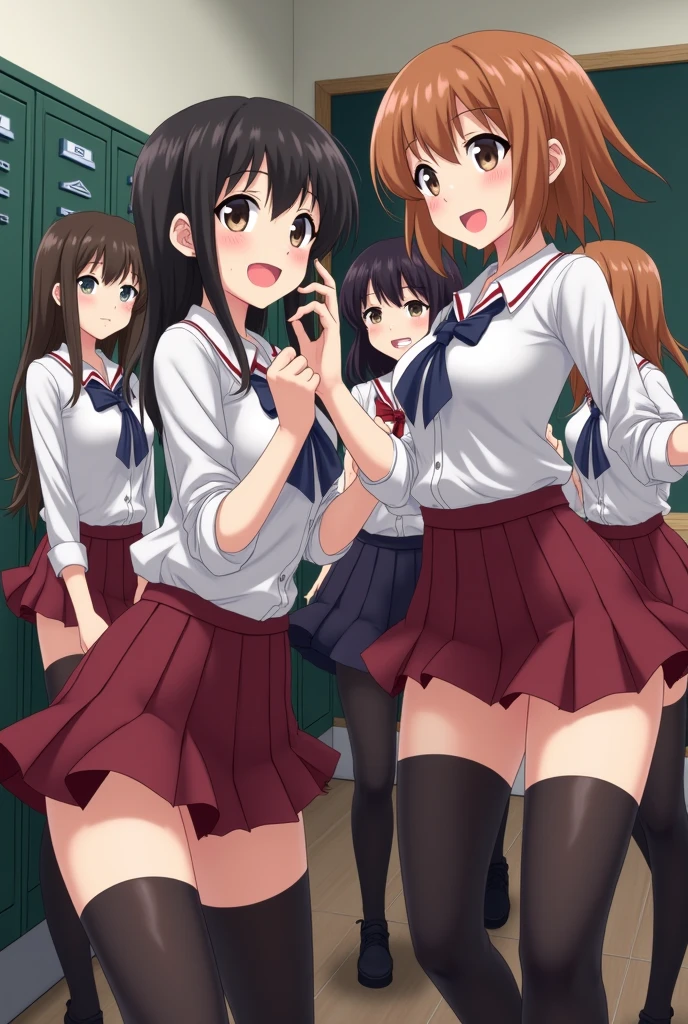 (Three Girls:1.5)　,Dark brown hair,Black-haired,（Red nose:1.7） ,smile,(school uniform),（Her white panties are in full view:1.7),(Very high quality:1.7),classroom,（Big droopy eyes:1.3）,（Round eyes）,Shiny legs, Thighs Thighs Thighs Thighs,（The skirt got twisted）,Cute face,（Slender body:1.3）,From below,Red checked skirt,（ivory sweater:1.3）,get up,Leather shoes