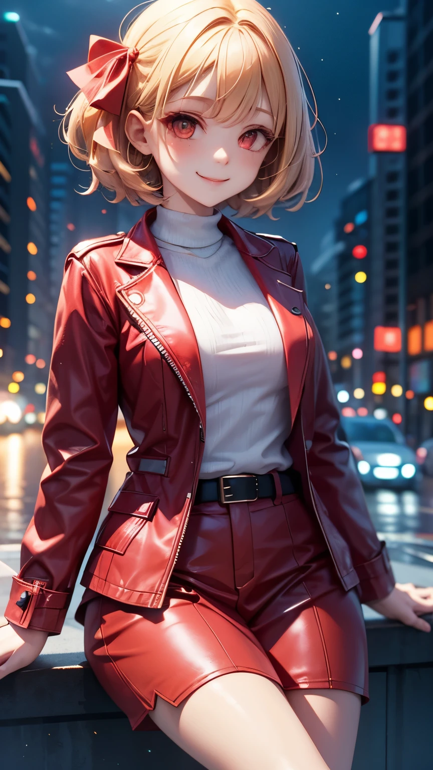  High Quality , 最 High Quality , masterpiece,  absurd, red_ jacket, ribbon, red_eye,  blonde alone_hair, short_hair, hair_ribbon, smile,  1 girl, I have a lot of firearms,