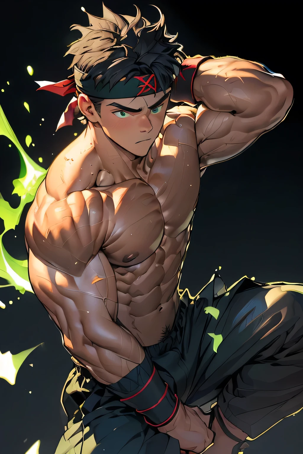 ((masterpiece, best quality, stalwart, (Depth of field:1.2))), (((((black background, deep night, dynamic angle))))), (worm green eyes, Young boy, muscler, Shirtless, topless), ((((1boy, solo, flesh, tough, reliable, developed body)))), (Dark Short straight hair, green eyes, ((almost completely shaved hair)), under cut), (((red headband, wristband, black trouser))), Vivid colors, ((big breast, big abs, big shoulder, muscular body, sturdy body, defined round and fleshy pecs, defined round and fleshy ABS, defined round and fleshy armsmuscular, well-defined muscles, toned body, shouldermuscler)), muscler!, muscler body, detailed face, detailed muscle, (((rippling muscles, Flowing energy, wearing wind to emphasize the power of his aura. Highlight his aura, blue and green aura effect, wearing energy stream, charge aura energy his right arm, Imposing, fight, fighting, agressive, action, punching, kicking, upper cut, close-up of body)))