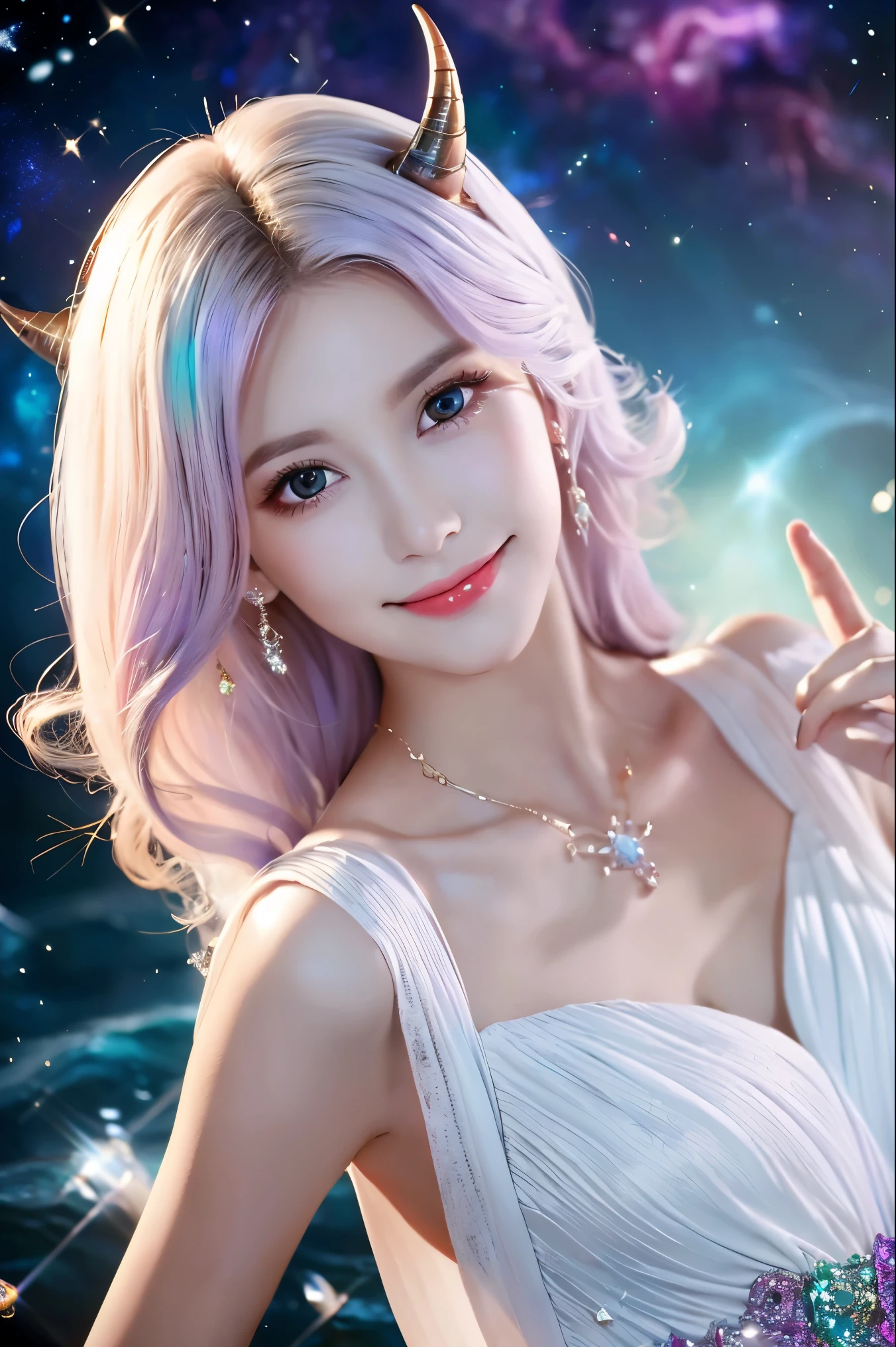 (masterpiece), high quality, perfect face, detailed eyes, (dragon woman), feminine, elegant, (heterochromatic eyes), (gentle smile), (curved horns), long pastel purple hair, (medium chest), (wearing a white and purple elegant dress), (colorful nebula background), (walking on a sea of stars:1.2), (up view), (looking at the viewer), (holding a constellation on hand)