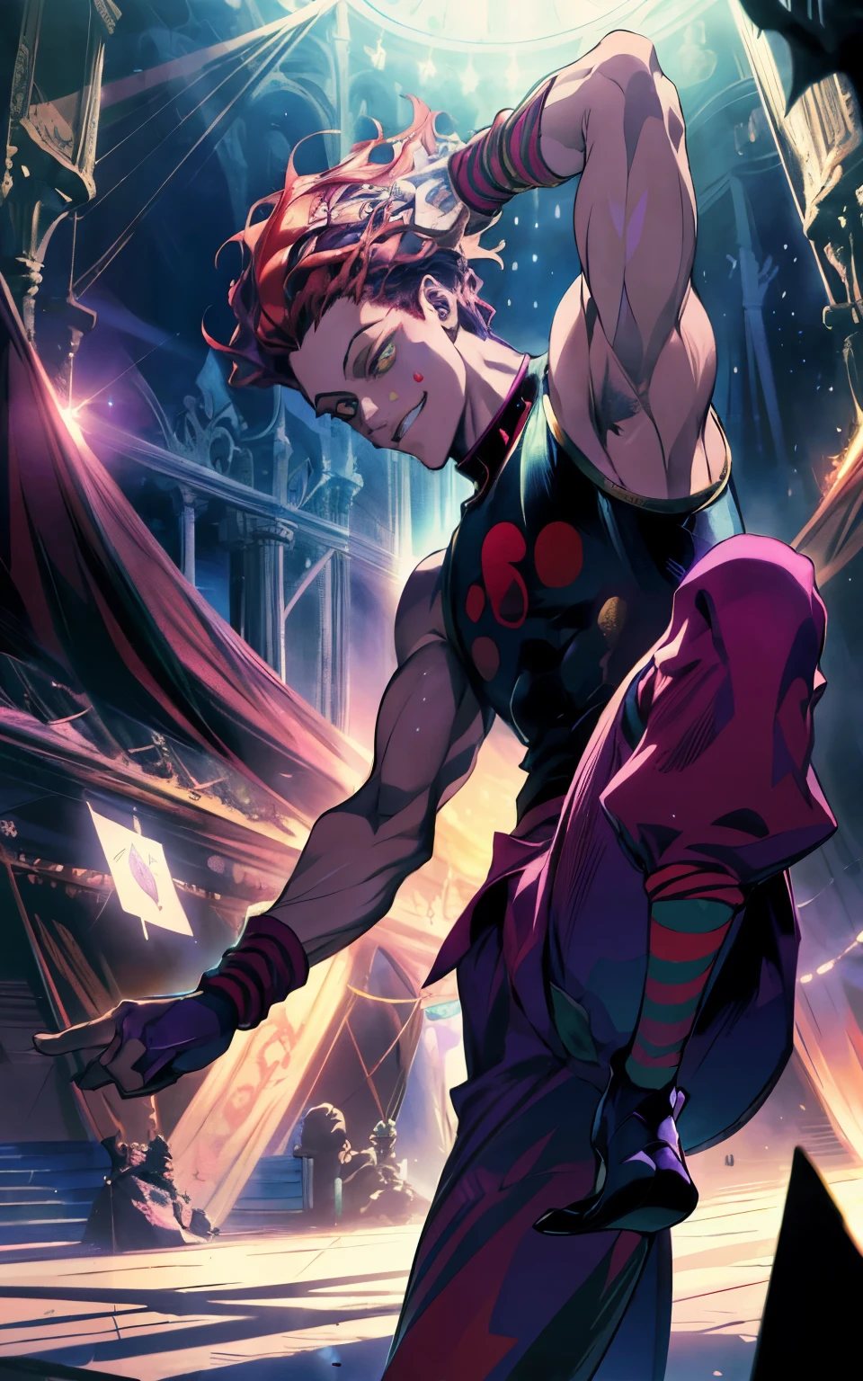 A breathtaking, ultra-detailed anime-style illustration of Hisoka Morow from Hunter x Hunter in an extravagant circus setting. Hisoka, with his signature sleeveless outfit, stands confidently under the vivid glow of neon circus lights. His mischievous smirk and sharp, piercing eyes exude an enigmatic aura. He balances effortlessly on a unicycle while juggling cards, each glowing faintly with an ethereal aura. The scene features an intricate, colorful circus tent in the background, with performers and acrobats faintly visible. Vibrant reds, purples, and gold dominate the color palette, creating a surreal and dreamlike atmosphere. The composition highlights his dynamic pose, with his hair catching the neon lights and his aura blending seamlessly into the whimsical, chaotic setting. (Masterpiece, best quality, ultra-high resolution, intricate details, cinematic lighting).