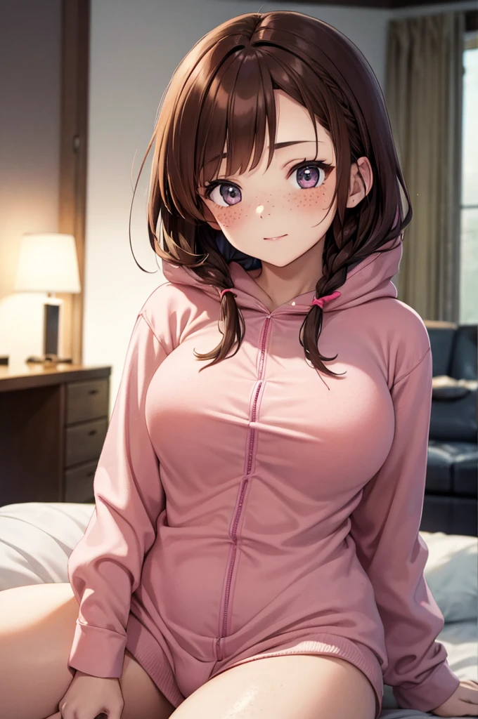 Beautiful 20 year old european  woman with dark auburn hair, side bangs, short hair, braided updo, freckles, dimples: 1.3, blushing, hazel eyes, relaxed, living room, sitting on the floor, pov, dim light, cute pink bear onesie, hood, thin waist, wide hips, high quality, high detail, perfect features, perfect face