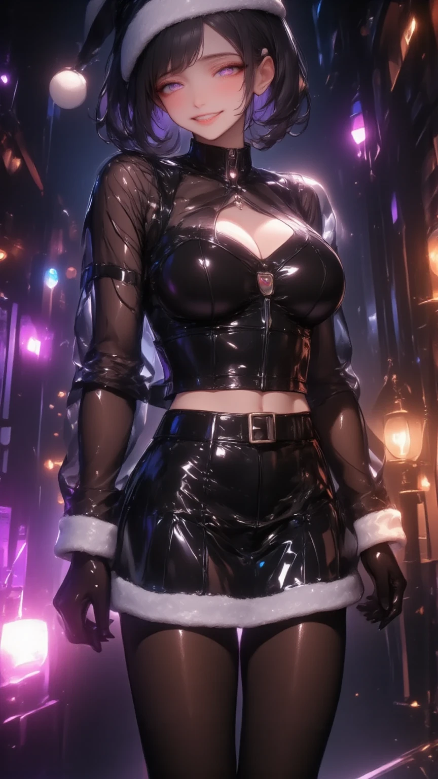  1 mature bewitching woman ,(masterpiece, top quality, very detailed depiction, Incredibly Absurd High Definition ,Curvaceous Body),(Bewitching Queen ),( Black Latex Santa Claus Outfit,Poncho Pencil Skirt , Body Stocking,Santa hat,black lace gloves, luxury accessories ,A mysteriously shining jewel, black tights, high heels, thigh high boots ),(Purple Eyes,Crazy Eyes, Half Closed Eyes :1.5, are opening their mouths, bewitching smile, Glossy Lipstick,Beautiful legs, healthy legs,Seductive gestures, forward leaning position), standing:2.0, full body image :2.0,Lamplight