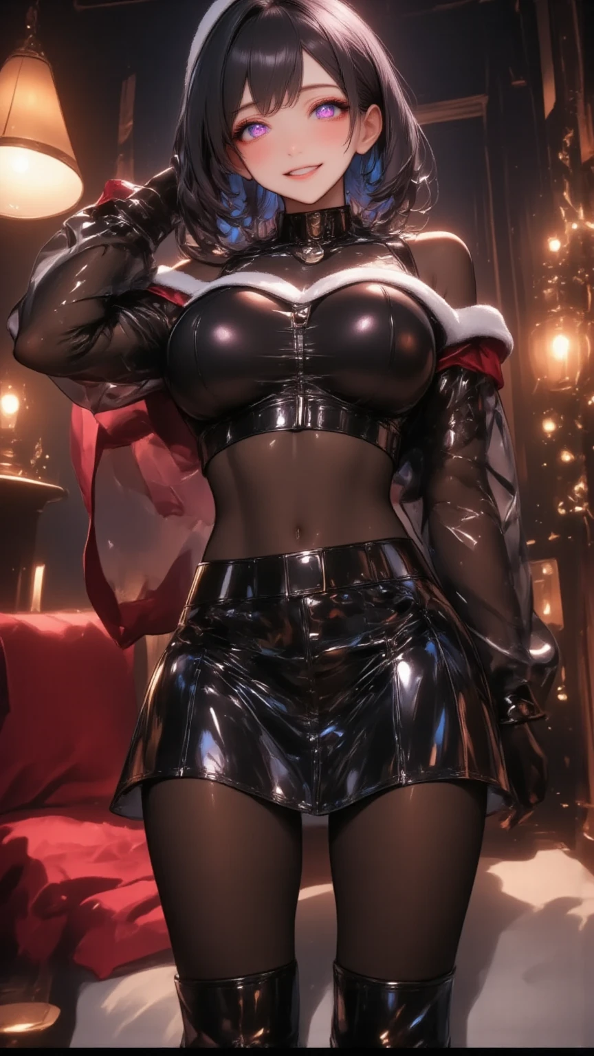  1 mature bewitching woman ,(masterpiece, top quality, very detailed depiction, Incredibly Absurd High Definition ,Curvaceous Body),(Bewitching Queen ),( Black Latex Santa Claus Outfit,Poncho Pencil Skirt , Body Stocking,Santa hat,black lace gloves, luxury accessories ,A mysteriously shining jewel, black tights, high heels, thigh high boots ),(Purple Eyes,Crazy Eyes, Half Closed Eyes :1.5, are opening their mouths, bewitching smile, Glossy Lipstick,Beautiful legs, healthy legs,Seductive gestures, forward leaning position), standing:2.0, full body image :2.0,Lamplight