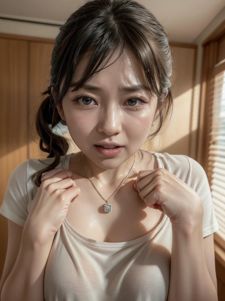 (grabbing own chest with both hands :1.2),(one woman),(Japanese Multiparous woman),(milf :1.2),(40 years old), (open mouth screaming :1.1), [closed eyes: (narrowed eyes:1.4):12],(afraid face:1.1),(embarrassed, blush :1.1), (ecstasy), (realistic skin), (wearing white Knit t-shirt),(brown low ponytail, realistic hair,partial bangs),wearing necklace,In  a apartment living,from front,upper body,(8k,High quality, Ultra detailed, best quality, insanely detailed, beautiful, masterpiece, soft brightness, soft saturation)