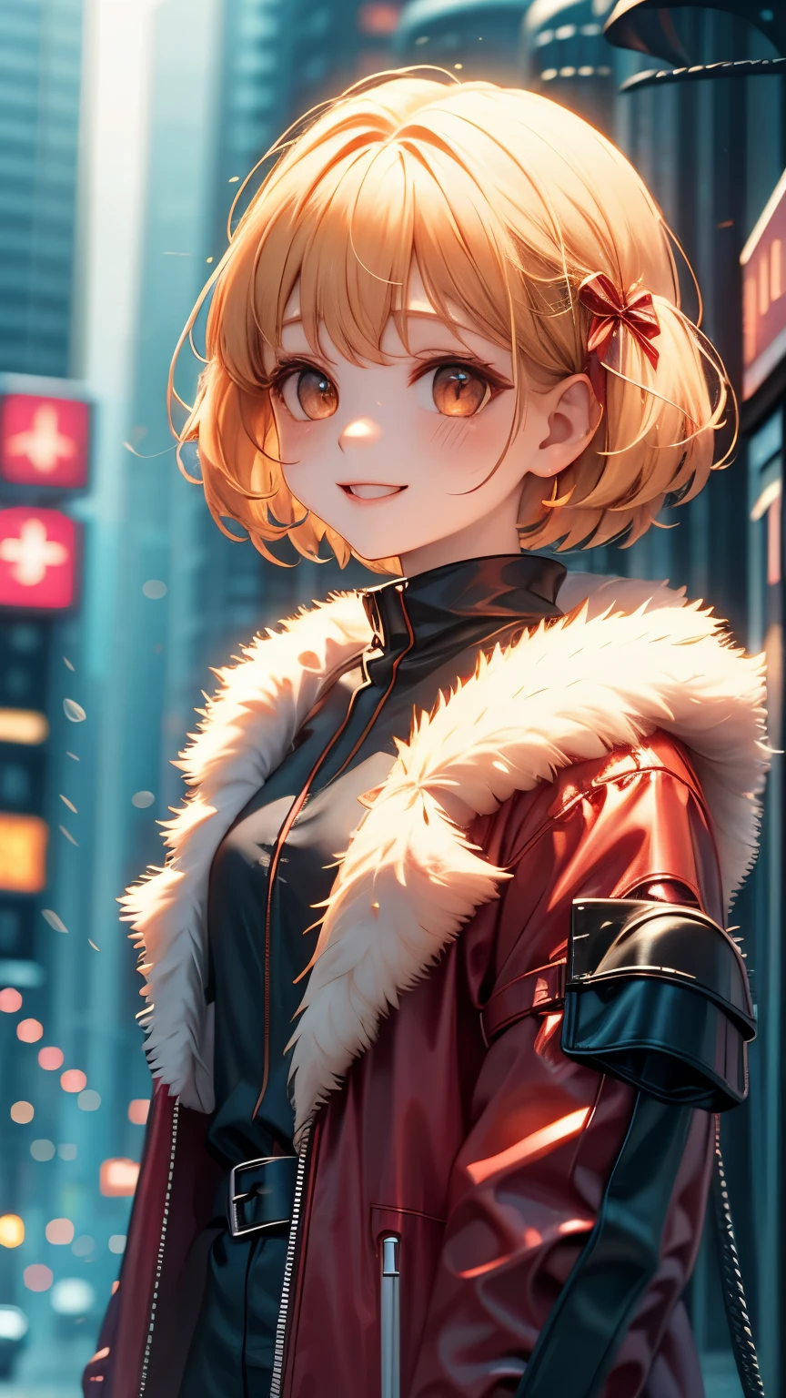  High Quality , 最 High Quality , masterpiece,  absurd, red_ jacket, ribbon, red_eye,  blonde alone_hair, short_hair, hair_ribbon, smile,  1 girl, I have a lot of firearms,