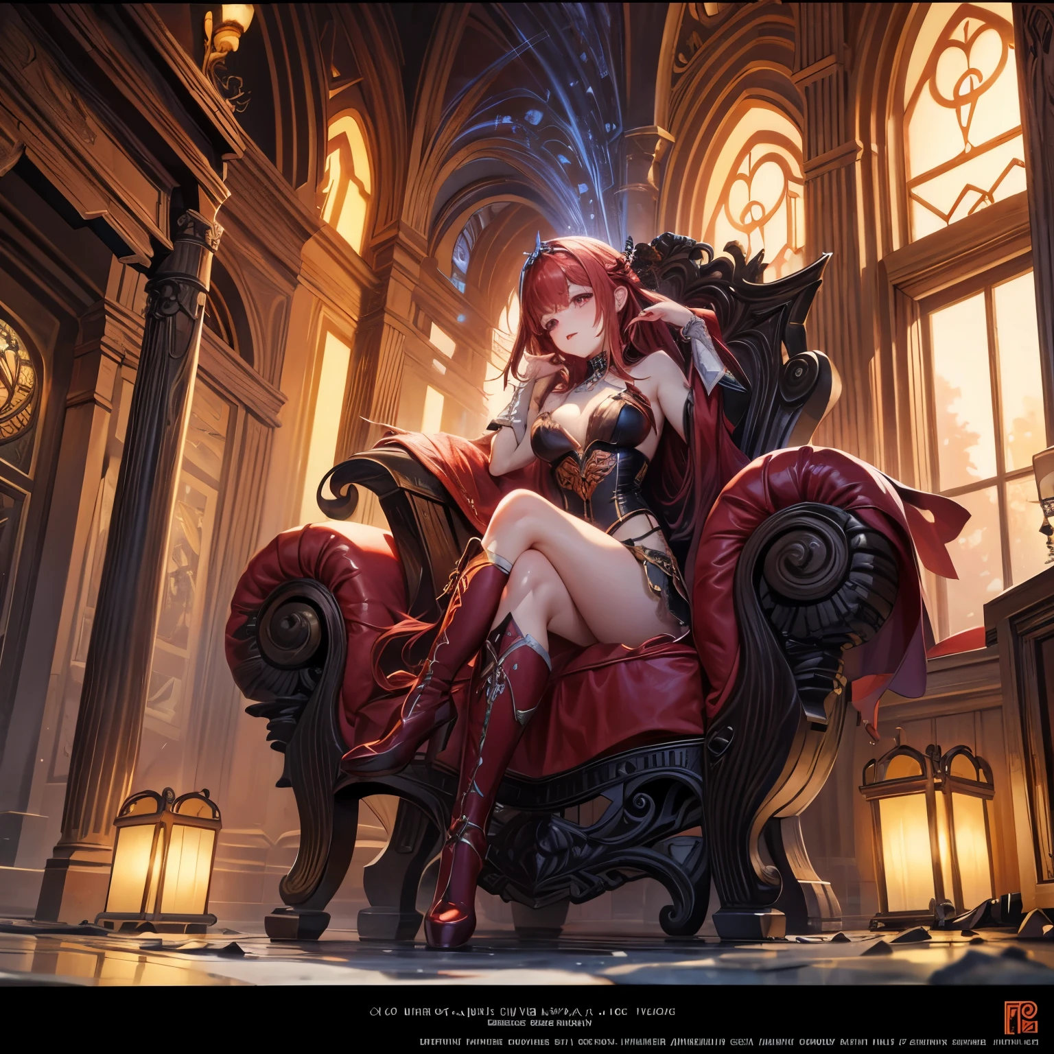elf girl beautiful eyes,red hair ,horns, horns on head, detailed eyes, full body full shot, vivid colors, sky is red , clouds, sitting on a throne
