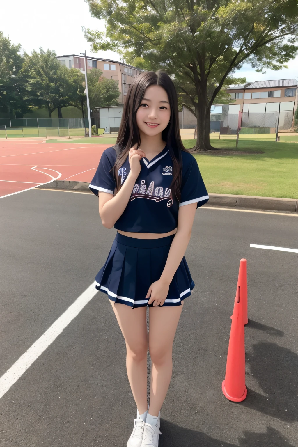 (((Dressing:1.8))), ((Dress up reliably:1.8)), (((pantie shot:1.8))), (((Show the camera everything about your panties:1.8))), ((Lifted skirt:1.8)), (((Cheerleader Uniforms:1.8, Panties with a small area:1.5))), ((stadio:1.8)), ((Smiling smile:1.8)), 1girl in, 独奏, 18year old, 7headed body, Ideal ratio body proportions, erectile nipple, short-hair, A dark-haired, With bangs, small tits, A slender, Small buttocks, beauty legs, Skinny Legs, surrealism, Cinematic lighting, depth of fields, One-person viewpoint, F/1.8, 135 mm, nffsw, masutepiece, ccurate, ((Anatomically correct:1.3)), Textured skin, Super Detail, high details, High quality, awardwinning, Best Quality, hight resolution, 8K
