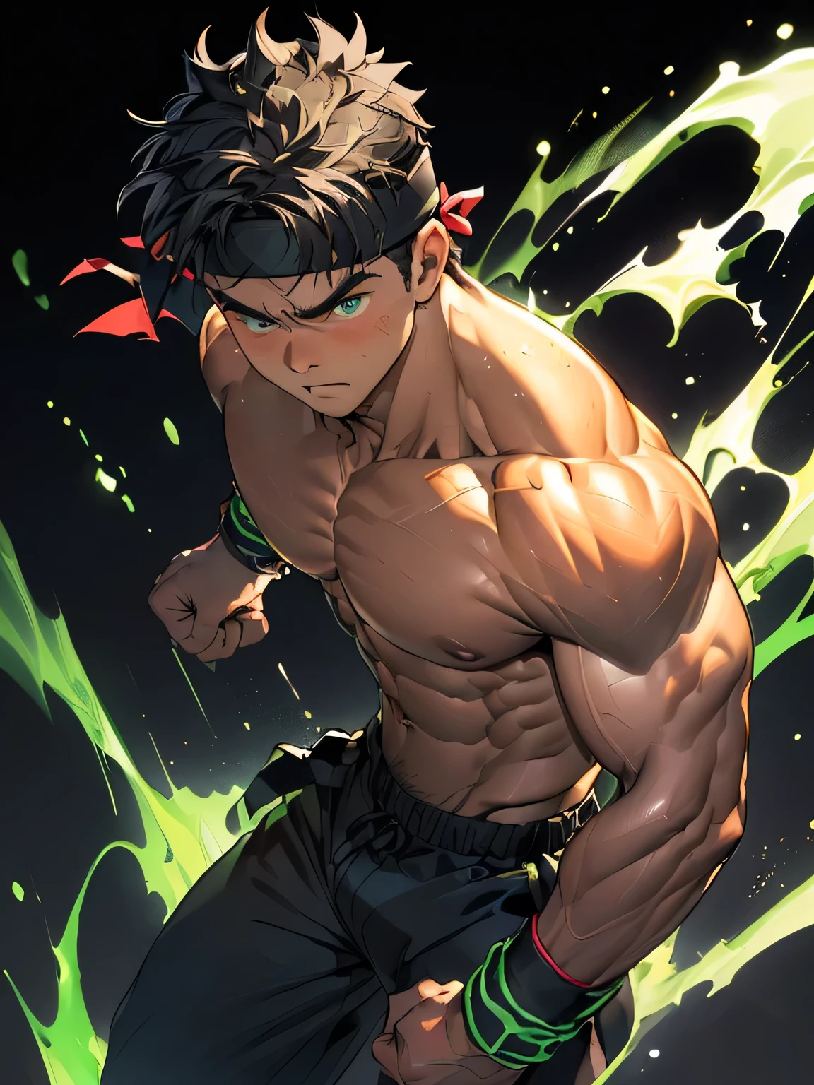 ((masterpiece, best quality, stalwart, (Depth of field:1.2))), (((((black background, deep night, dynamic angle))))), (worm green eyes, Young boy, muscler, Shirtless, topless), ((((1boy, solo, flesh, tough, reliable, developed body)))), (Dark Short straight hair, green eyes, ((almost completely shaved hair)), under cut), (((red headband, wristband, black trouser))), Vivid colors, ((big breast, big abs, big shoulder, muscular body, sturdy body, defined round and fleshy pecs, defined round and fleshy ABS, defined round and fleshy armsmuscular, well-defined muscles, toned body, shouldermuscler)), muscler!, muscler body, detailed face, detailed muscle, (((rippling muscles, Flowing energy, wearing wind to emphasize the power of his aura. Highlight his aura, blue and green aura effect, wearing energy stream, charge aura energy his right arm, Imposing, fight, fighting, agressive, action, punching, kicking, upper cut, close-up of body1.2, visible muscle definition)))