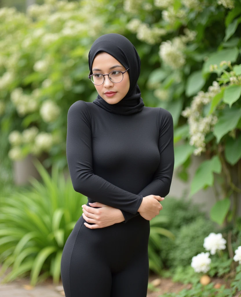 A highly realistic full-body image of a 20-year-old Asian woman, no make-up, with a captivating and alluring expression, wearing a black hijab, a full-body black swimsuit covering all her legs, and eyeglasses. She is gently embracing herself, with both arms wrapped around her torso in a tender and introspective pose. The setting is an outdoor natural garden with vibrant greenery and soft flowers in the background. The lighting is soft and natural, emphasizing her smooth skin, refined facial features, and detailed clothing. The background is gently blurred to create a depth-of-field effect, making her the clear focal point of the image. The overall tone is realistic and photographic, with intricate details in her clothing, facial features, and posture.